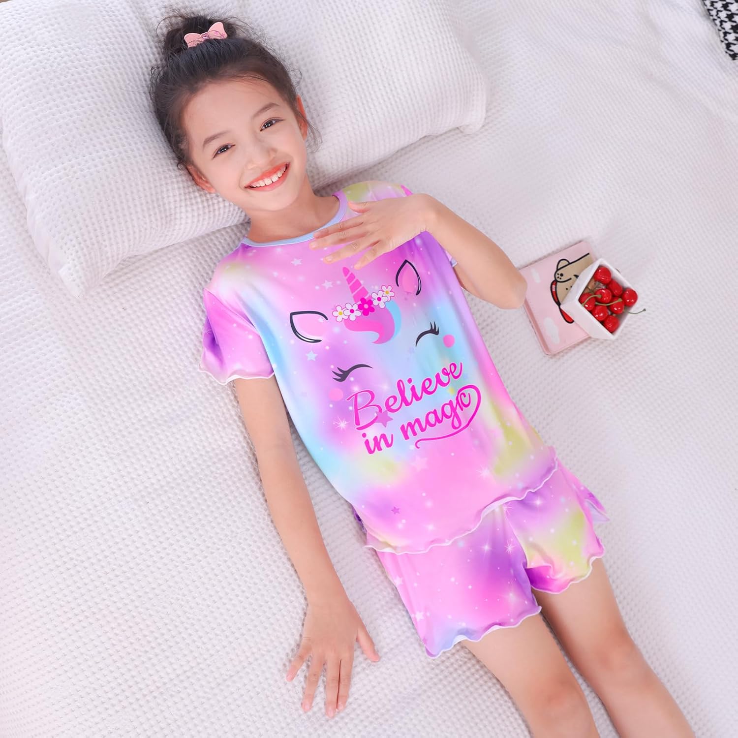 MHJY Girls Pajama Sets Ruffled Sleepwear Casual Short Sleeve Shirt and Shorts 2pcs Summer Pjs Set for Kids - Image 3