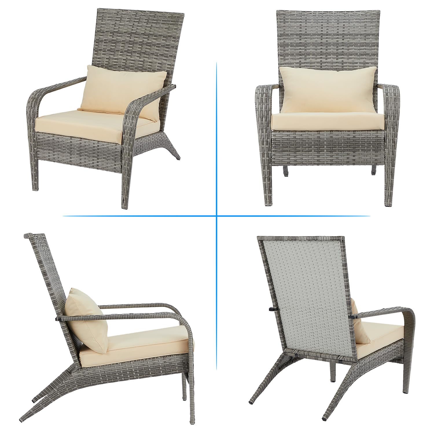 YODOLLA Ensemble de 2 Fauteuils de Jardin Exterieur Adirondack en PE Rotin - Chaises de Jardin Confortables avec Coussins Détachables - Mobilier d'Extérieur pour Terrasse, Balcon et Piscine - Gris