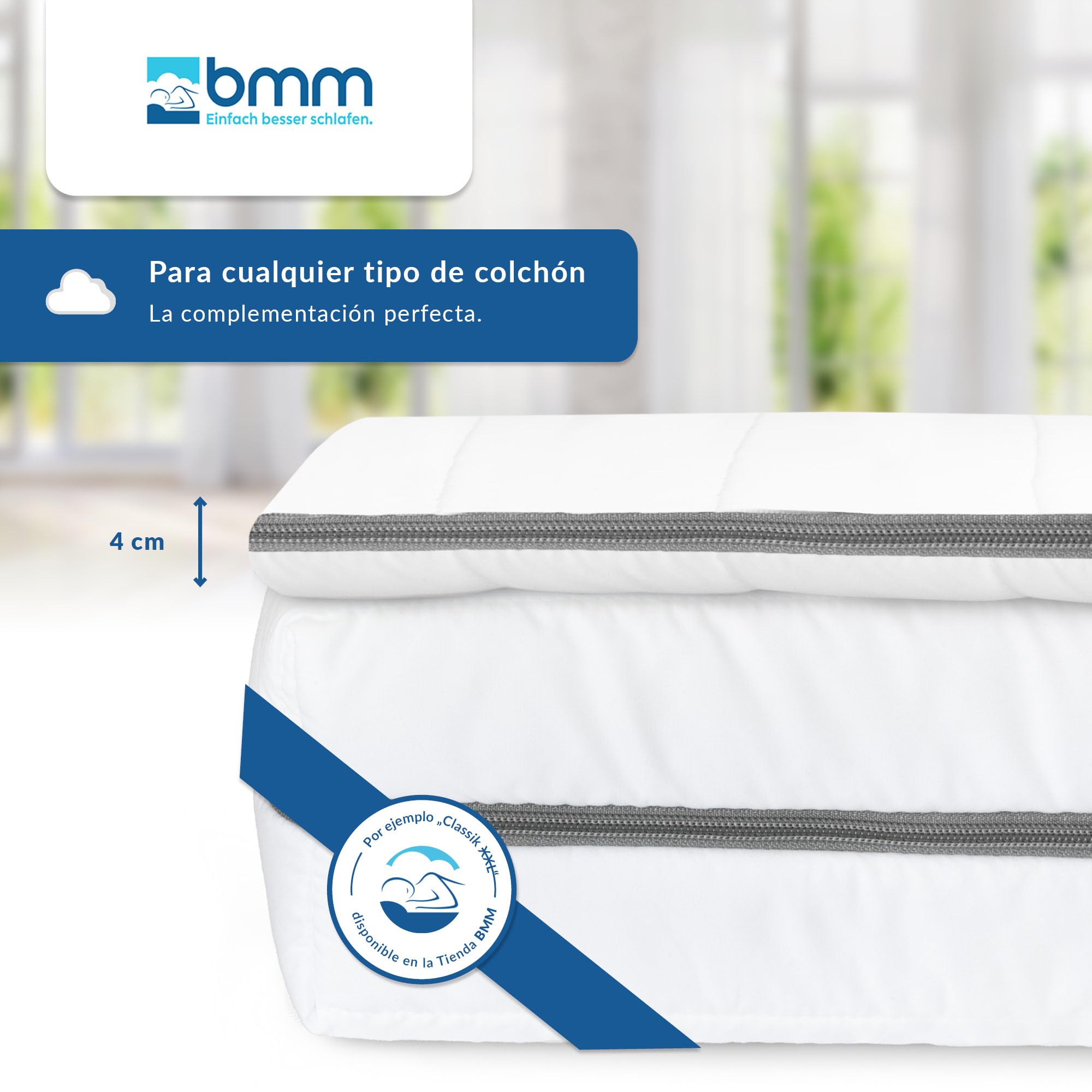 BMM Topper 140x200 cm Classic Basic, Grado de firmeza H2 Suave, Topper de Espuma fría, Certificado Öko-Tex, cubrecolchón ortopédico, Altura 4 cm, Topper producido en Alemania.