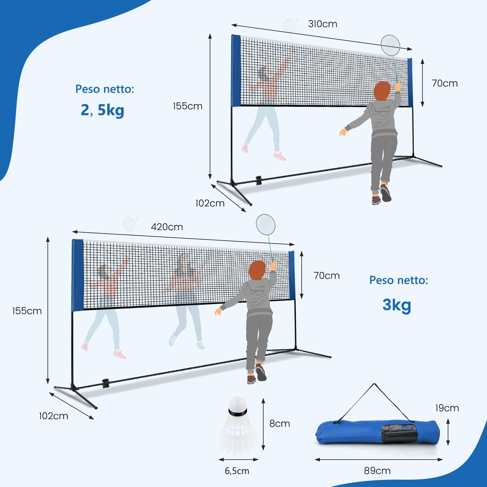 GYMAX Rete da Badminton Portatile, Rete da Tennis Regolabile in Altezza con Pali, Set da Pickleball con Borsa e 2 Volani, Rete Sportiva Facile da Montare, Set da Volley per Interni ed Esterni