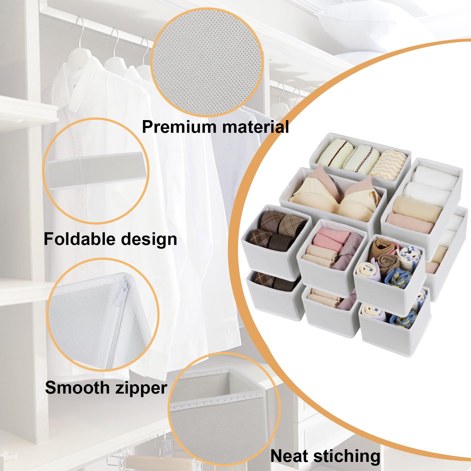 Fordonral Set mit 12 Schubladen-Organizer, Stoff-Schrank-Organizer und Aufbewahrungskörben, faltbarer Schubladenteiler für Kleidung, Socken, Krawatten, Unterwäsche, Schubladen-Organizer, Set von