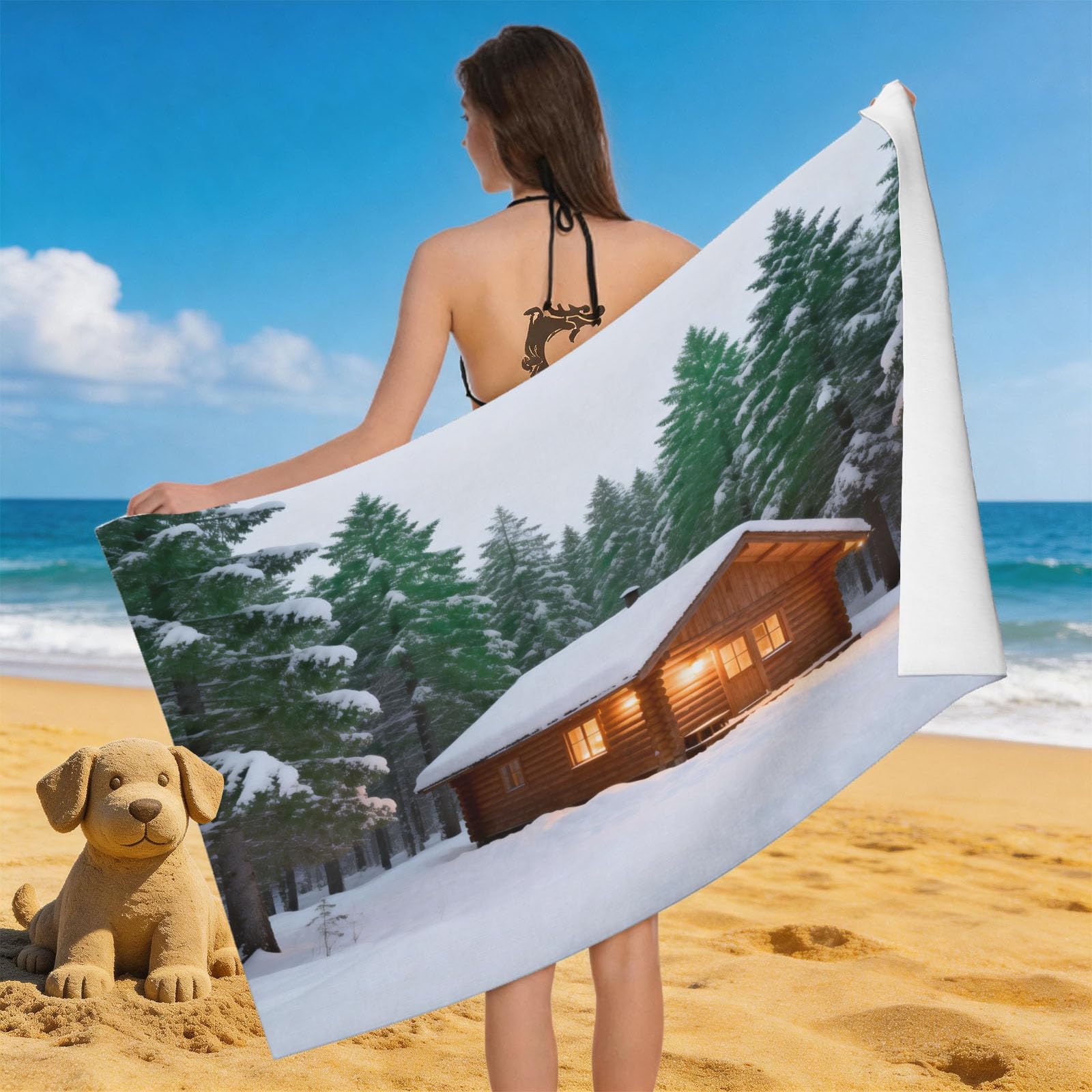 Leichong 3D Forest Wooden House Beach Towel Microfiber Soft Quick Dry for Adults, Snowscape Bath Towel Lightweight Soft Absorbent for Travel Swimming Pool Sports, 75 x 150 cm
