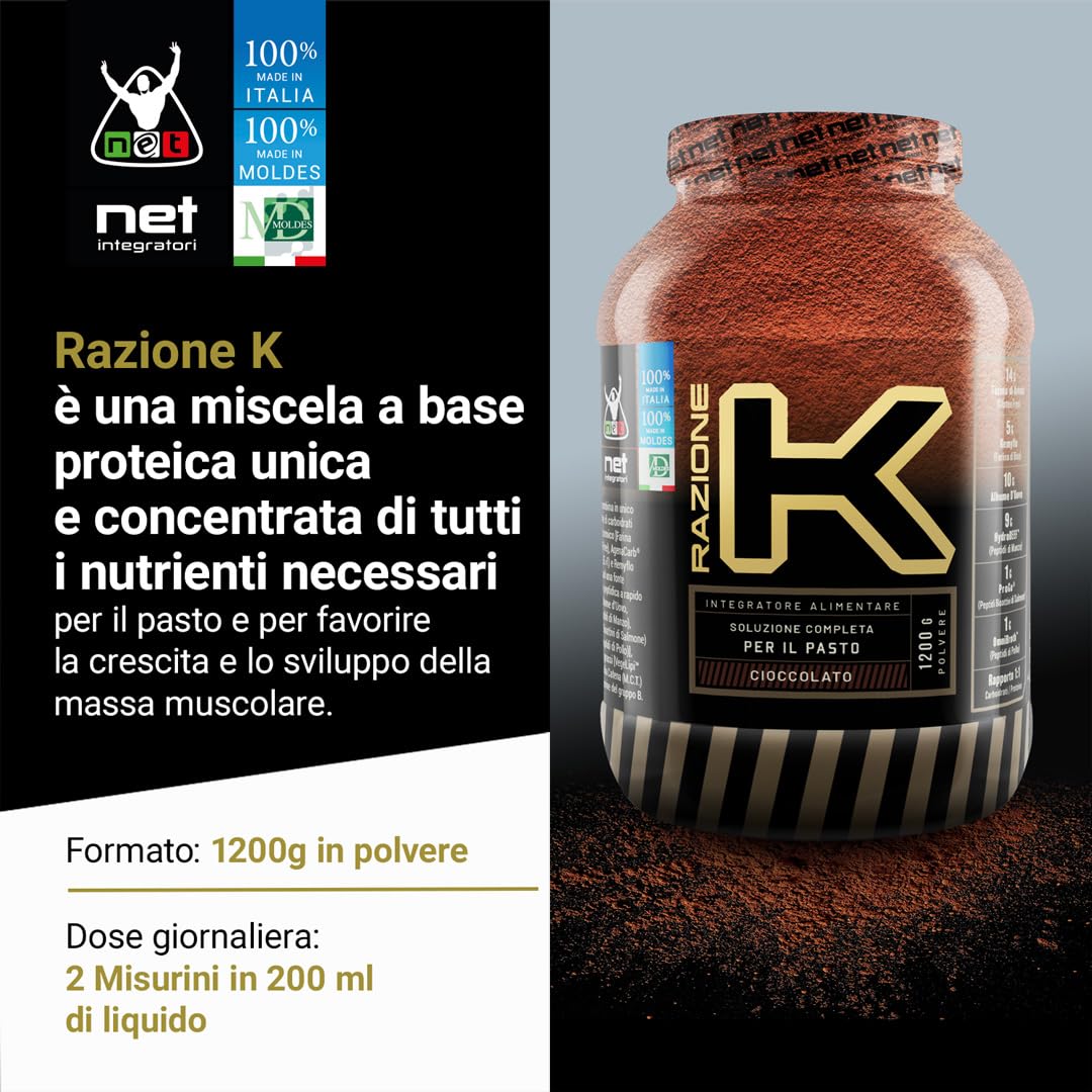 Net Integratori RAZIONE K - 1200g Cioccolato - Soluzione Completa Proteine e Carboidrati in rapporto 1:1 - Ricco di BCAA e EAA Aminoacidi Essenziali per lo Sviluppo di Massa Muscolare