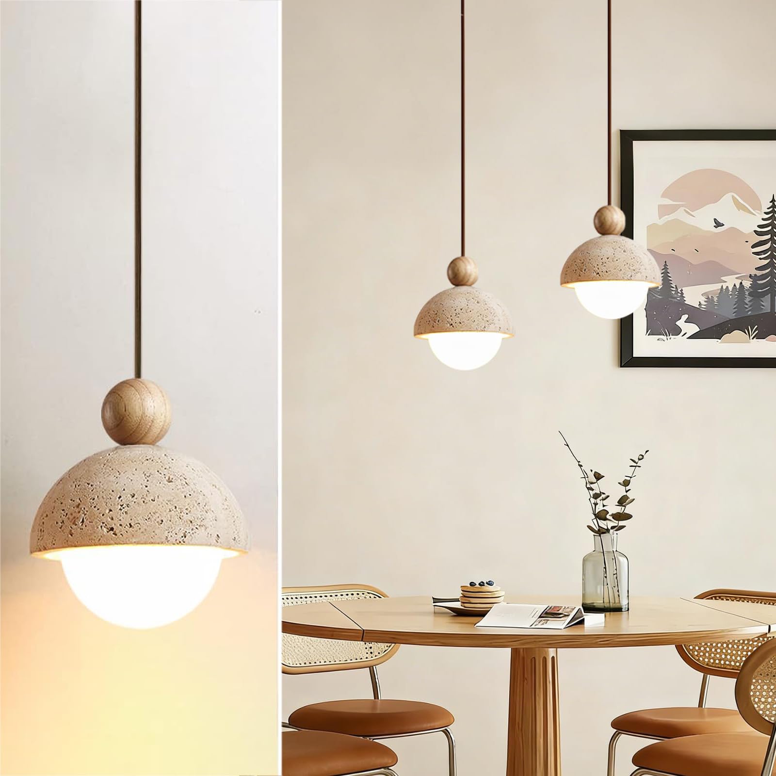 Natural Travertine Pendant Light, Wabi-Sabi Stone Hanging Lamp