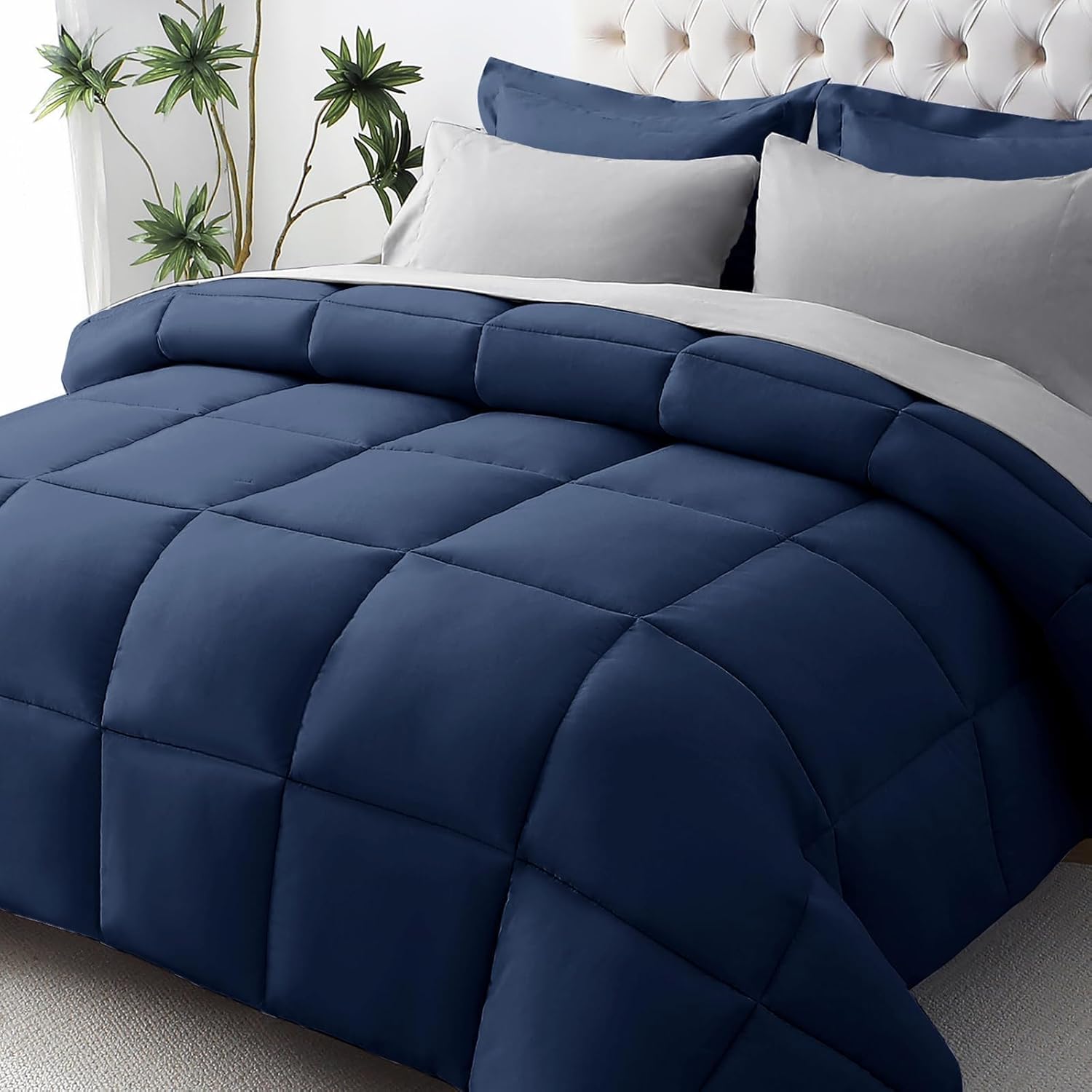 JOLLYVOGUE Queen Comforter Set, Ultra-Soft Bed in a Bag Queen Size 7 Pieces, Oeko-TEX Certified Bedding Set with Down Alternative Comforter, Sheets, Pillowcases & Shams, Navy Blue & Light Grey Navy Blue & Grey QUEEN(88"*88")