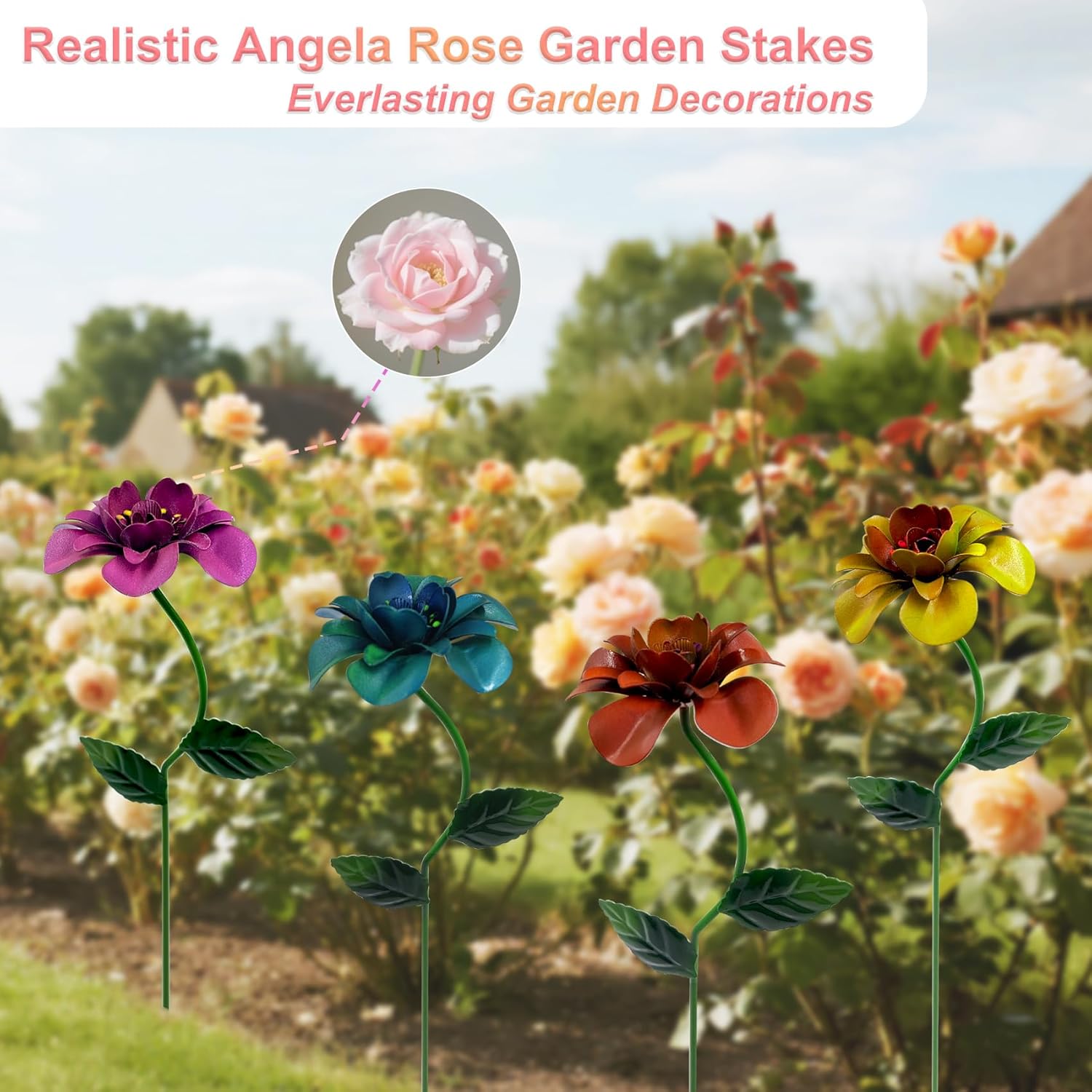 Glow-in-Dark Metal Flowers for Outside, 4 Pack Garden Stakes Waterproof, Angela Roses Yard Art, Decorative Garden Stakes for Lawn, Planters, Porch and Pathway