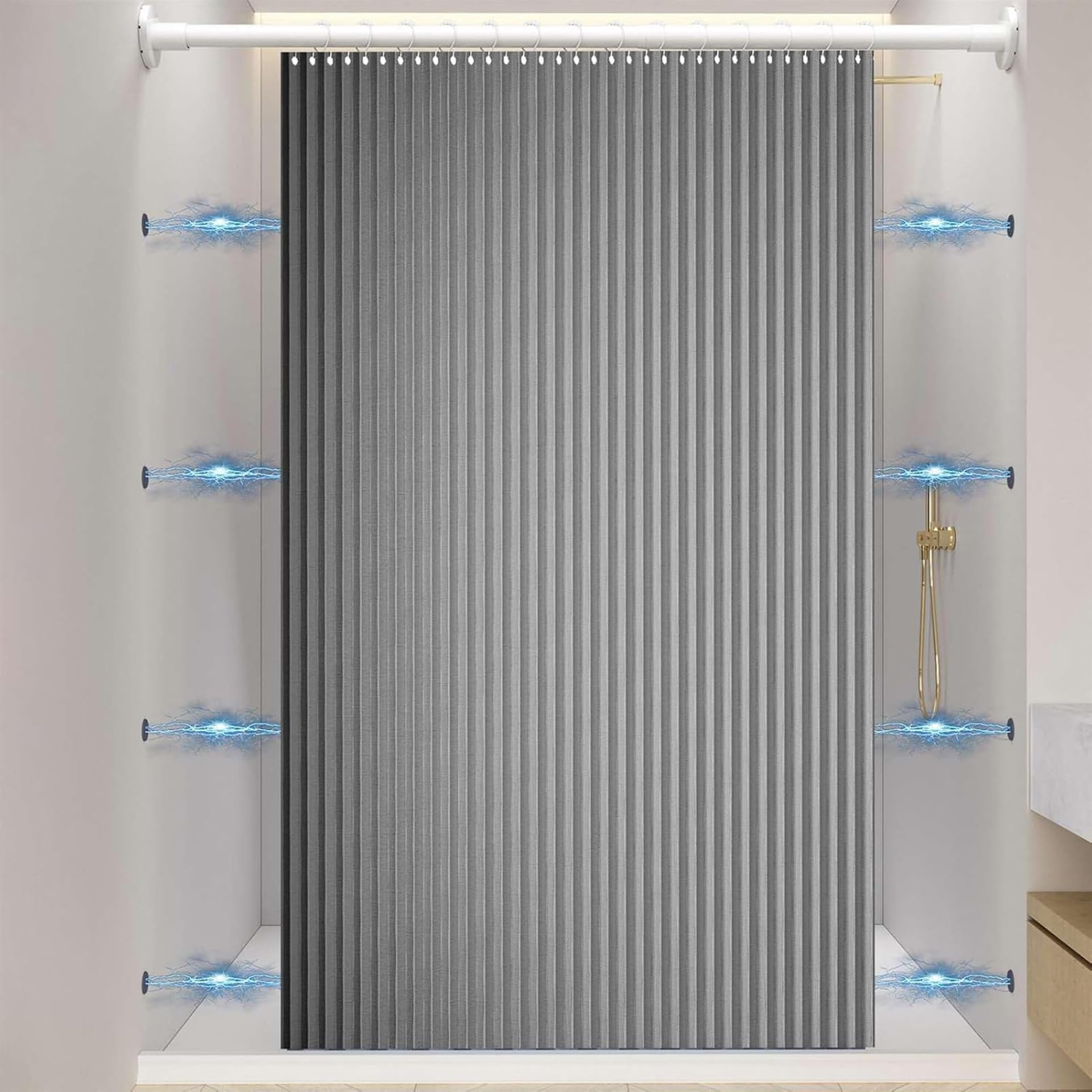 YIHANGG Imperméable Pliable Résistant Rideau de Douche avec Crochets, Sangle Magnétique Résistant aux éclaboussures, Anti-moisissure Lin Rideau de Douche pour Salle de Bain(W240 × H200cm,Gray)