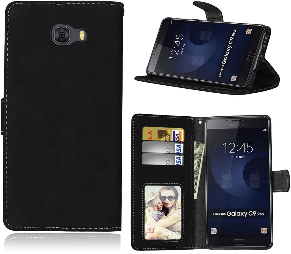 Case for Samsung Galaxy C9 Pro, Retro Frosted PU Leather Flip Magnet Wallet Stand Card Slots Protective Cover for Samsung Galaxy C9 Pro (Black)