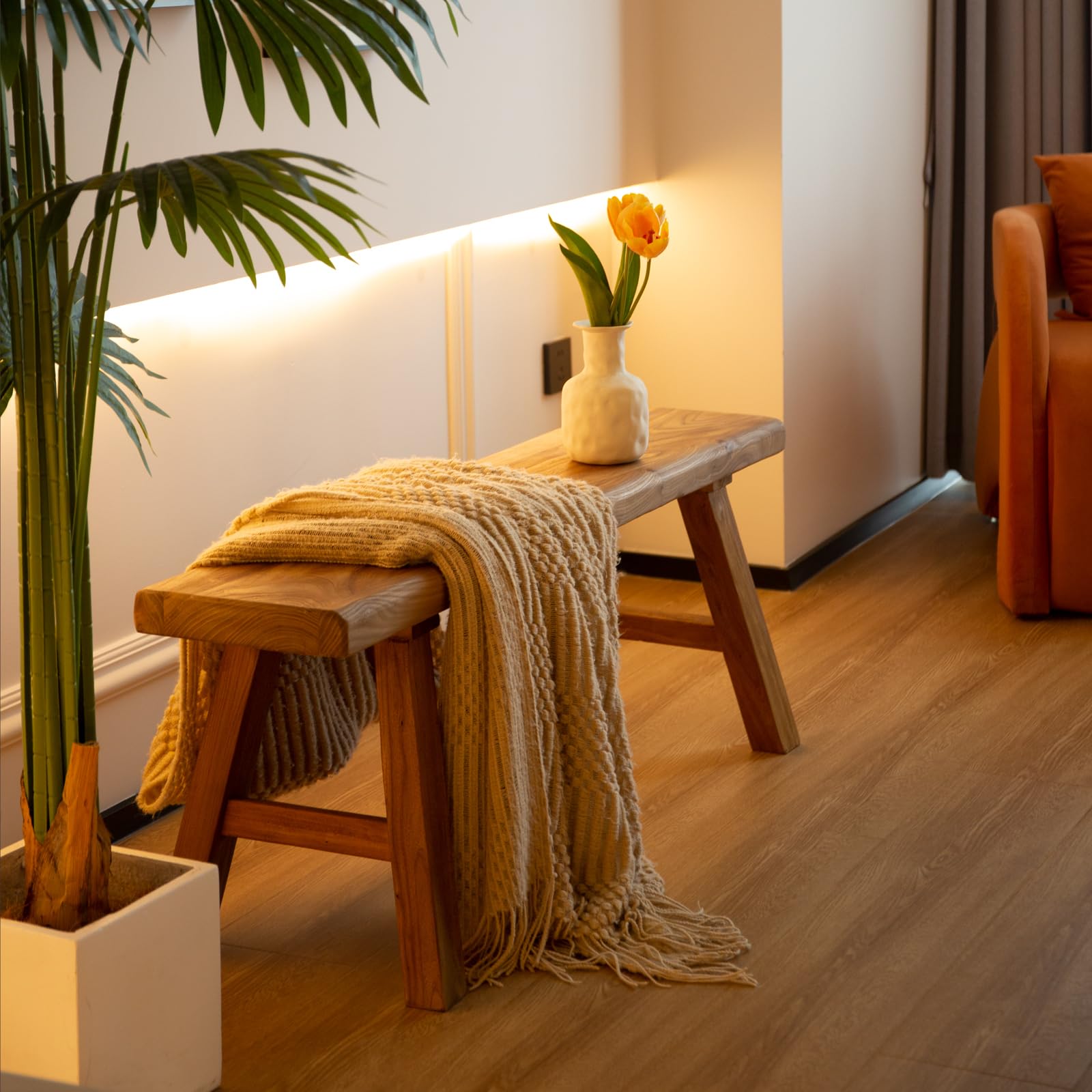 Banc en bois massif de 120 cm - Banc rustique en bois naturel - Banc en bois solide pour couloir, salle à manger ou chambre à coucher