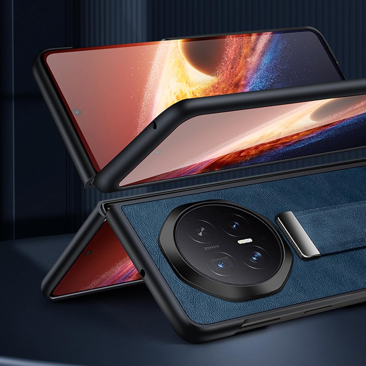 Leather Case for Honor Magic V6, Retractable Wristband Holder Stand Phone Back Cover, Protection Slim Shell(Blue)