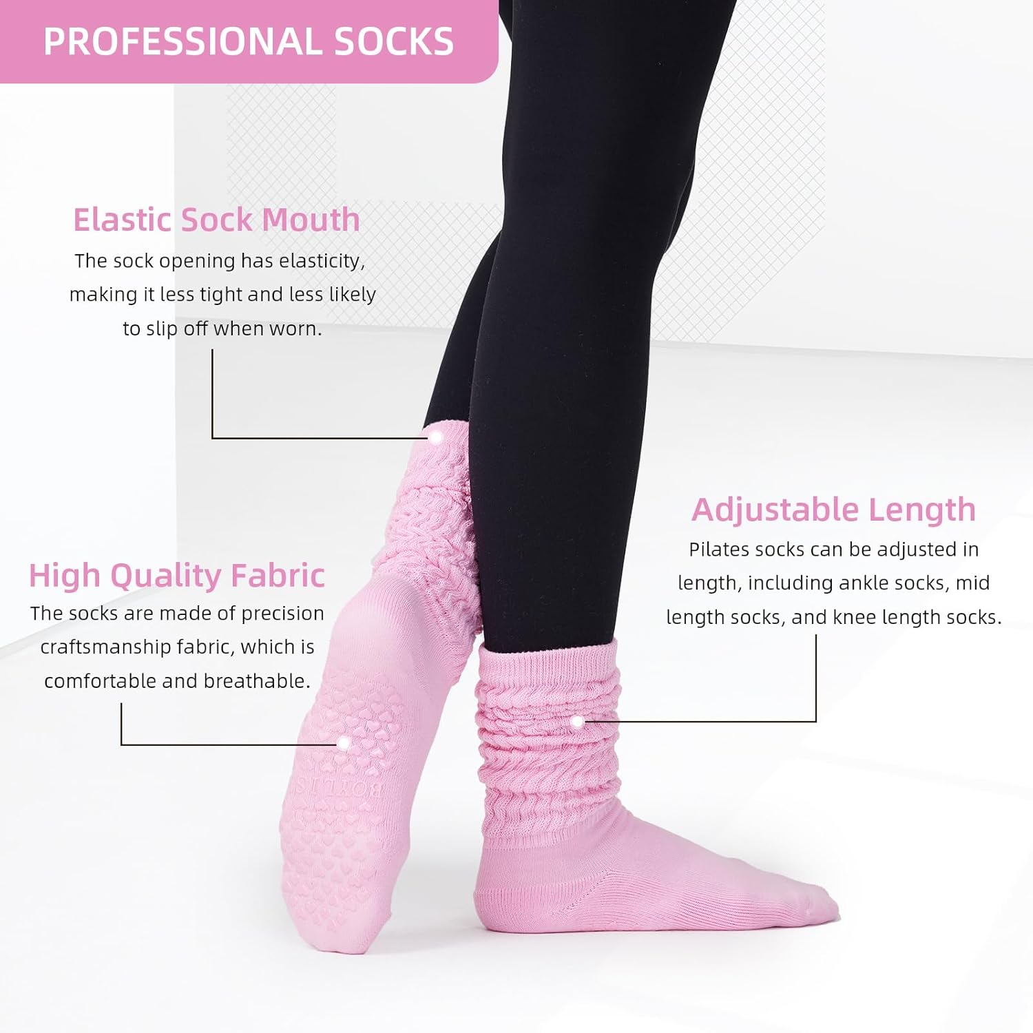 3 Pairs Grip Pilates Yoga Socks for Women, Non-Slip Slouch Scrunch Socks for Barre Home Studio Hospital Workout - Image 4