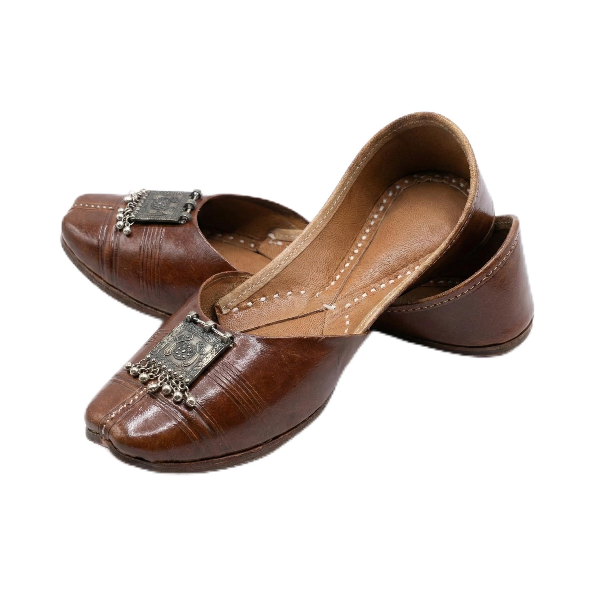 vesora Anara Brown Leather Punjabi Jutti for Women | Square Metallic Toe Embellishment | Model B6-picture-49