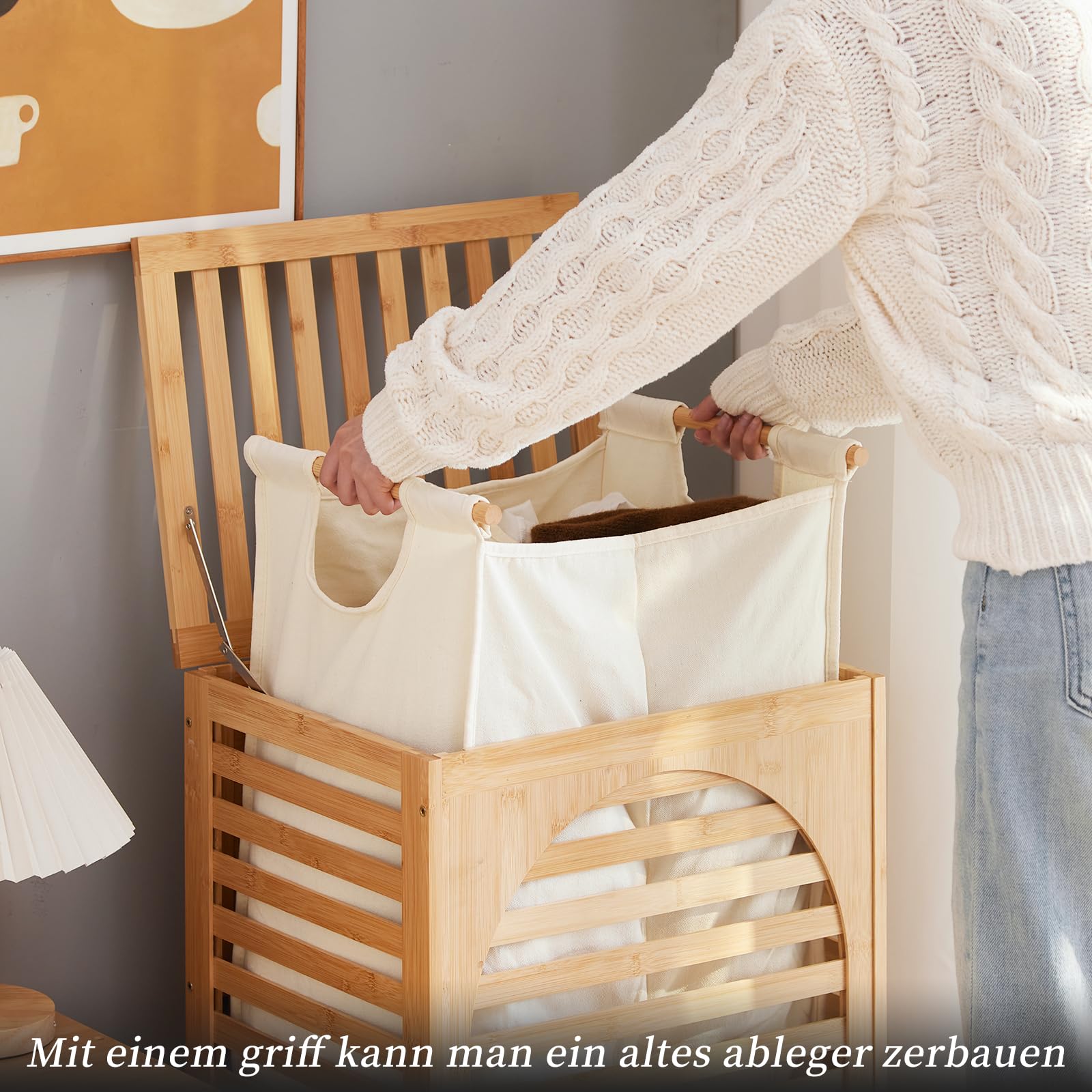 Wäschekorb mit Deckel, Bambus, groß, wasserdicht, abnehmbare Wäschesäcke mit Griffen, Wäschekorb (Natur)