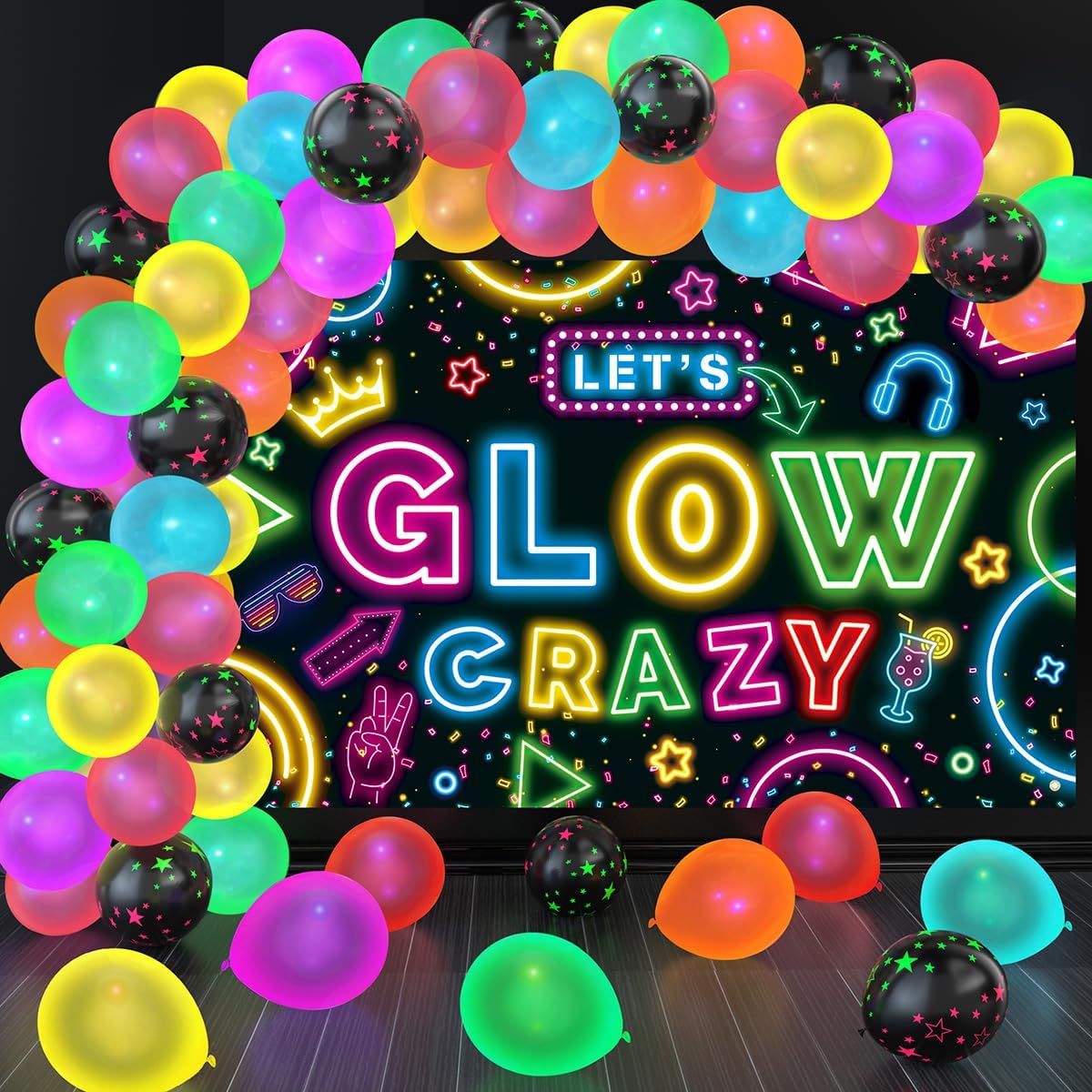 ネオングローパーティーデコレーションには、暗闇で光るバルーン60個とLet's Glow Crazy Backdrop UVネオンバ