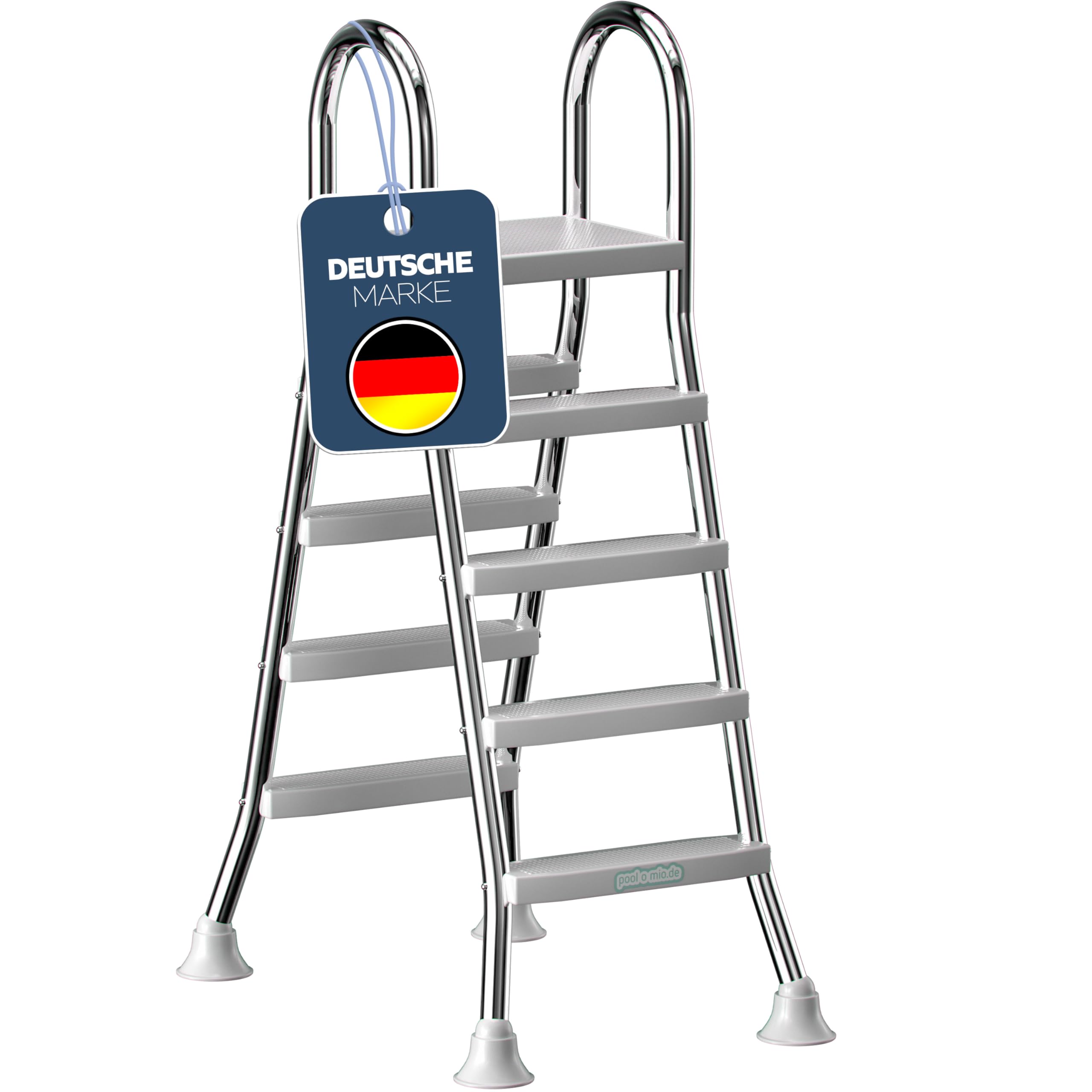 poolomio® Drabina basenowa ze stali nierdzewnej z poręczą do 140 cm, drabina wejściowa z 4 stopniami do basenów rozkładanych do 1,40 m wysokości, bezpieczne wejście, trwała, stabilna, nośność 150 kg