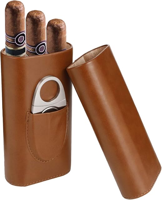 Xinzistar 3 Tubes Cigar Case Humidor Cigar Box with Stainless Steel Cigar Cutter, Leather Humidors with Cedar Wood Lining Cigar Holder Storage Accessories for Travel Outdoor (Brown)