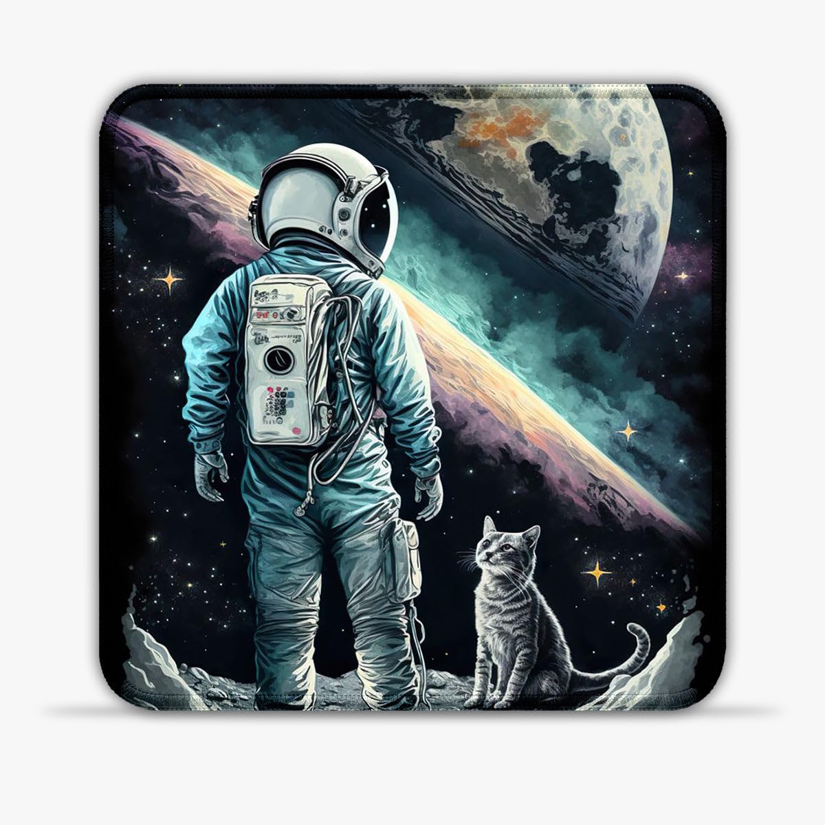 LJSPTU Alfombrilla de ratón con diseño de astronauta y gato (alfombrilla de ratón de 11.8 pulgadas, bordes cosidos, superficie de licra con costuras antideshilachado y base de goma para control de