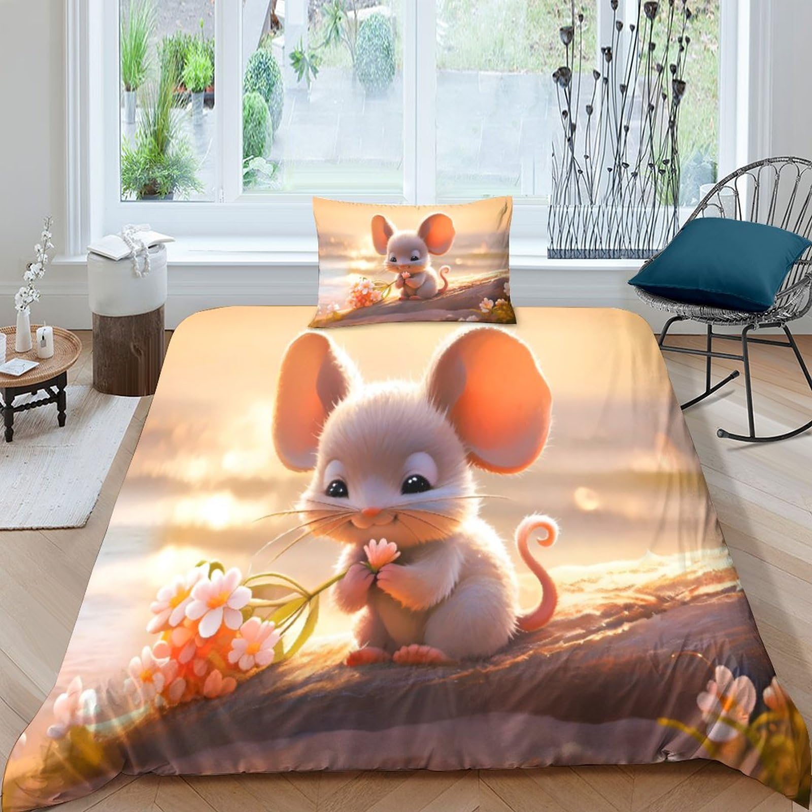 Parure 3 pièces souris au motif dessin mignon en tissu microfibre doux pour lit simple
