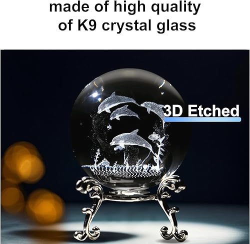 Miniatura 3 de Bola de cristal de delfines grabada con láser 3D de 2.36 pulgadas con base de cristal para pisapapeles para estante de exhibición de escritorio o