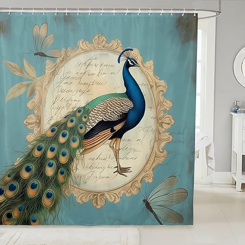 Cortina de baño estética de pavo real, accesorios de baño de libélula decoración de libélula, juego de cortinas de ducha de plumas de acuarela,