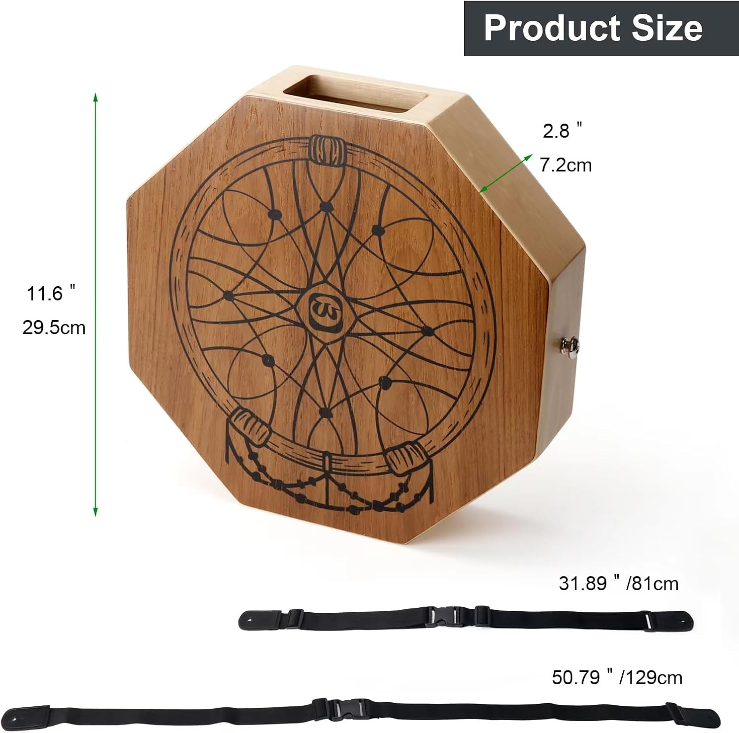 Two-Tone Cajon Drum – Portable Wooden Drum with Adjustable Strap (30 to 50 Inches), Unique Sound Varieties, Natural Brown, Ideal for Acoustic Performances and Outdoor Events