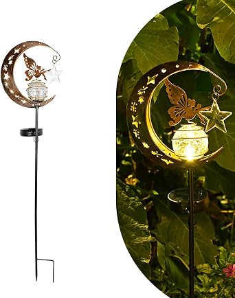 Garden Decorations Solar Light Outdoor-Moon Elf Lights with Crackle Glass Globe, Decoration for Pathway Lawn Patio Courtyard Backyard.Moon Elf