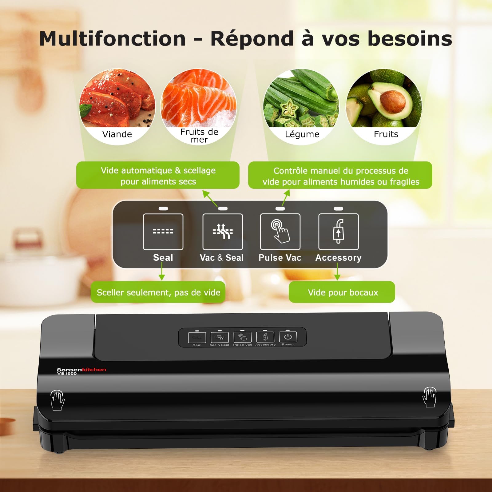 Bonsenkitchen Machine sous vide alimentaire – Appareil compact multifonction avec 4 modes, 5 sacs sous vide et tuyau d’aspiration pour conserve sous vide maison