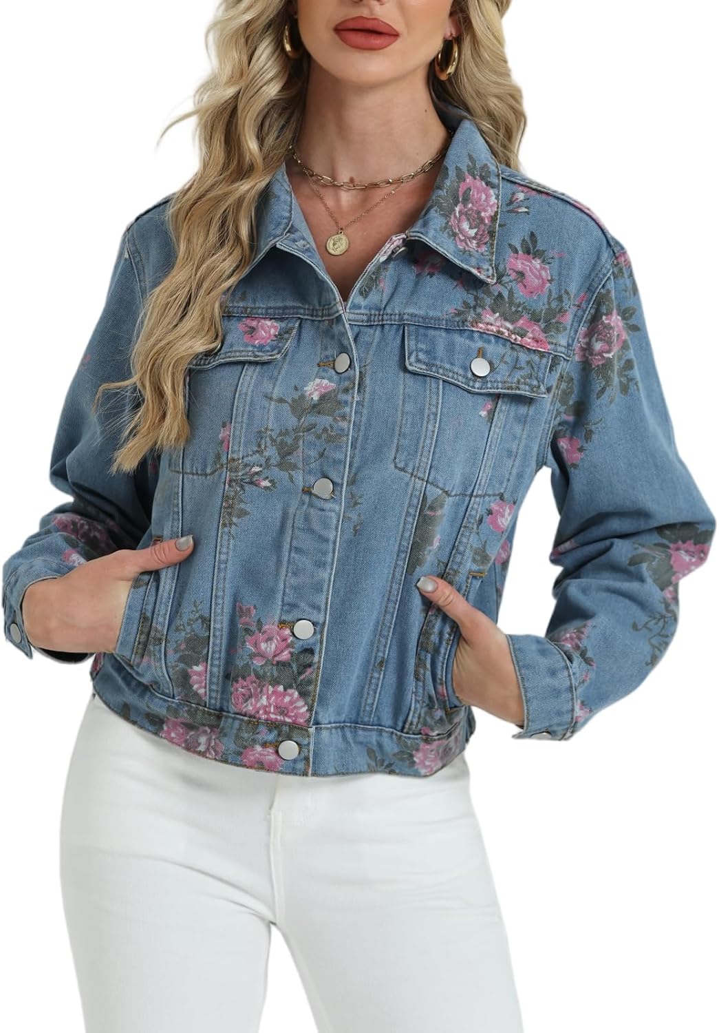 LifeShe Women's Jean Jacket Floral Button Up Cropped Denim Jackets Western Outfit With Pockets - Image 4
