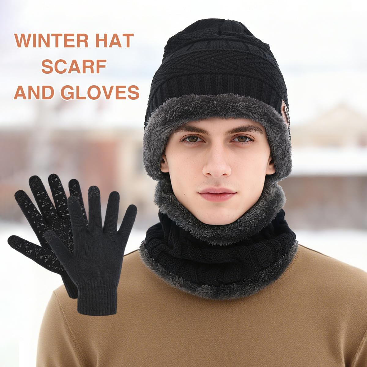 Winter Beanie Hat Scarf Glove Set for Women Snow Knit Thick Fleece Lined Ski Hat,Mens Warm Neck Warmer Touchscreen Mittens - Image 6