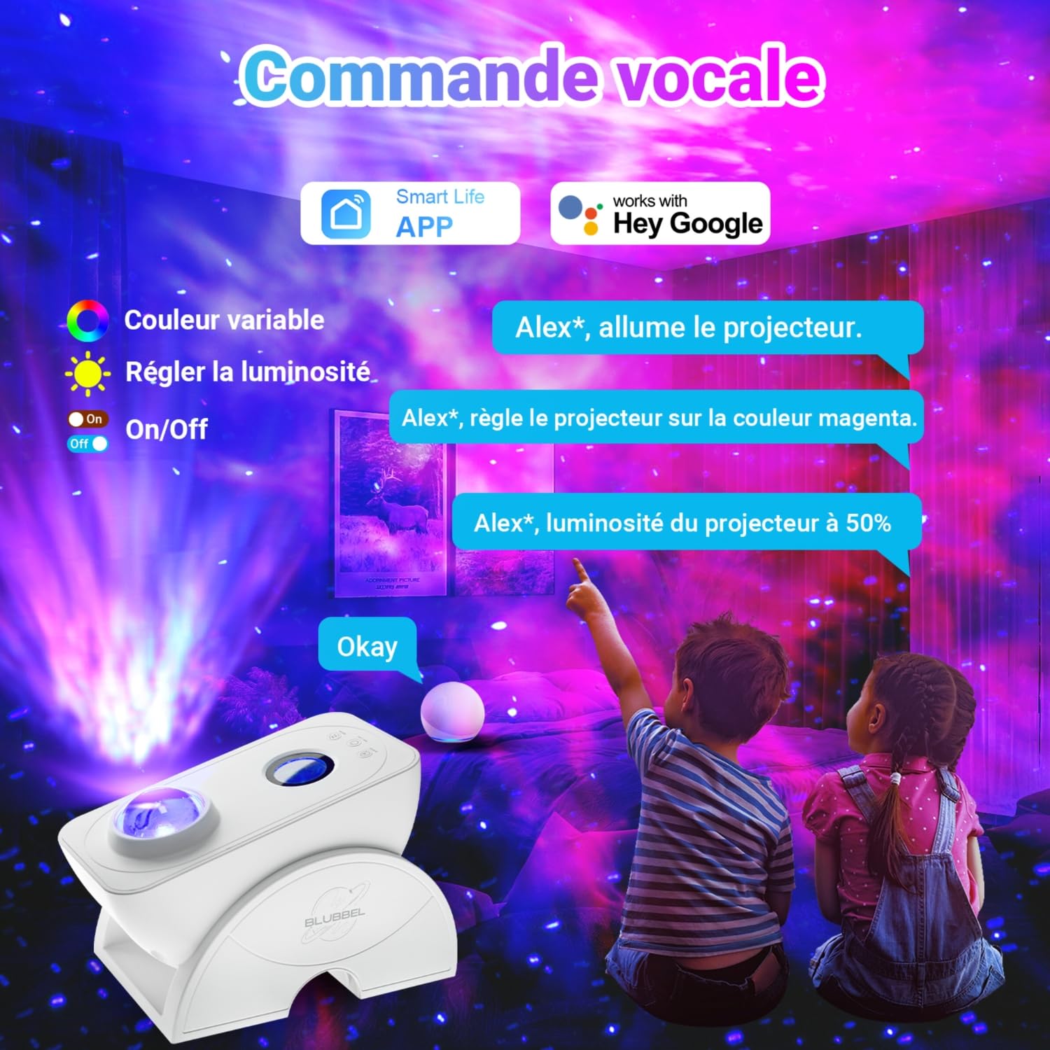 Blubbel LED Projecteur Ciel Etoile, Intelligent Veilleuse Projecteur, 3D Galaxy Projector Starlight, App-/Commande Vocale Compatible Alexa/Google/Wifi, Chambre Décorer, Lampe Veilleuse, Bébé, Enfants