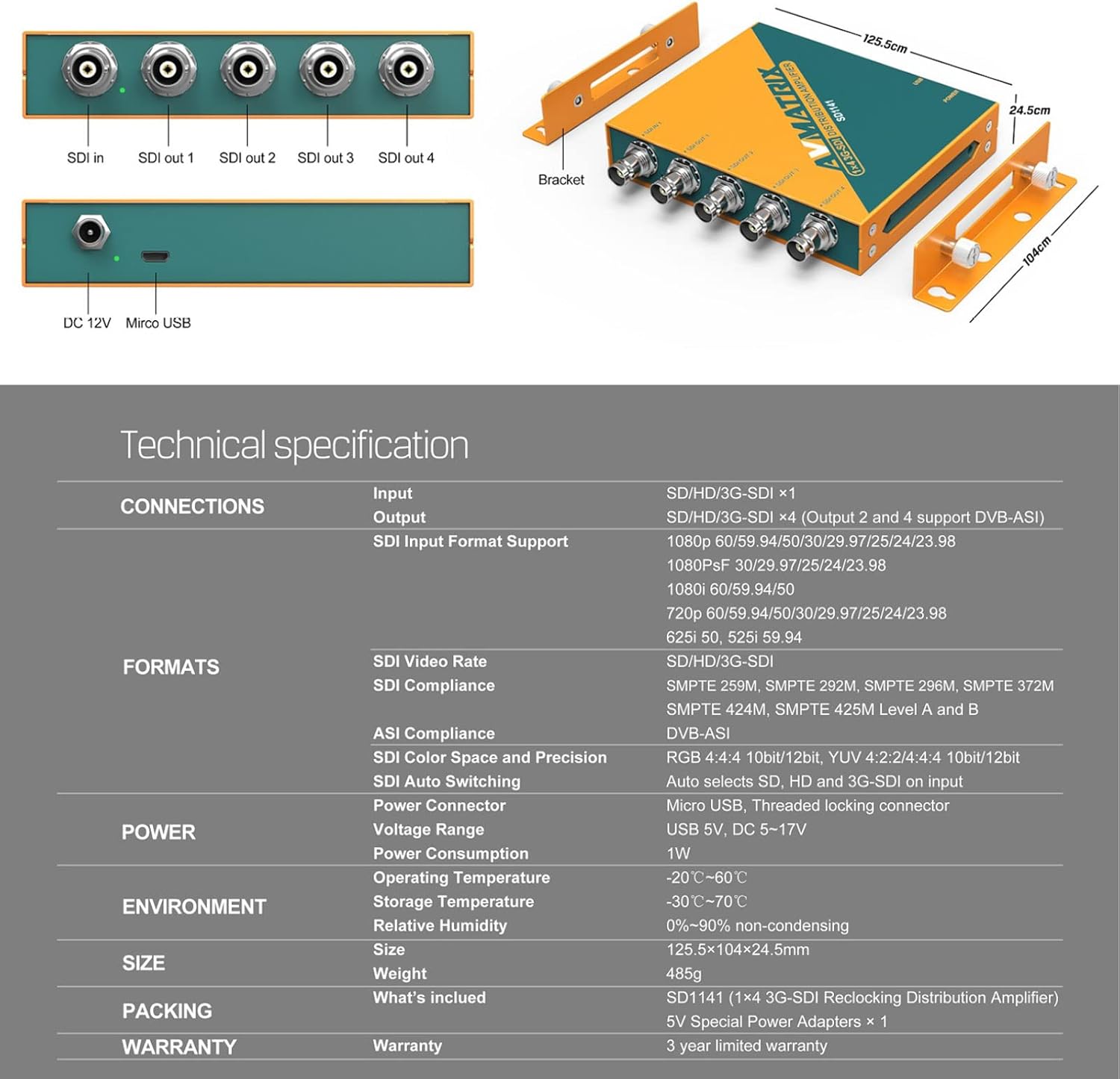 AVMATRIX SD1141 1x4 SDI Distribution Amplifier Splitter with Input Detection, Re-clocking and Cable Equalization, Supports HD-SDI/HD-SDI/SDI