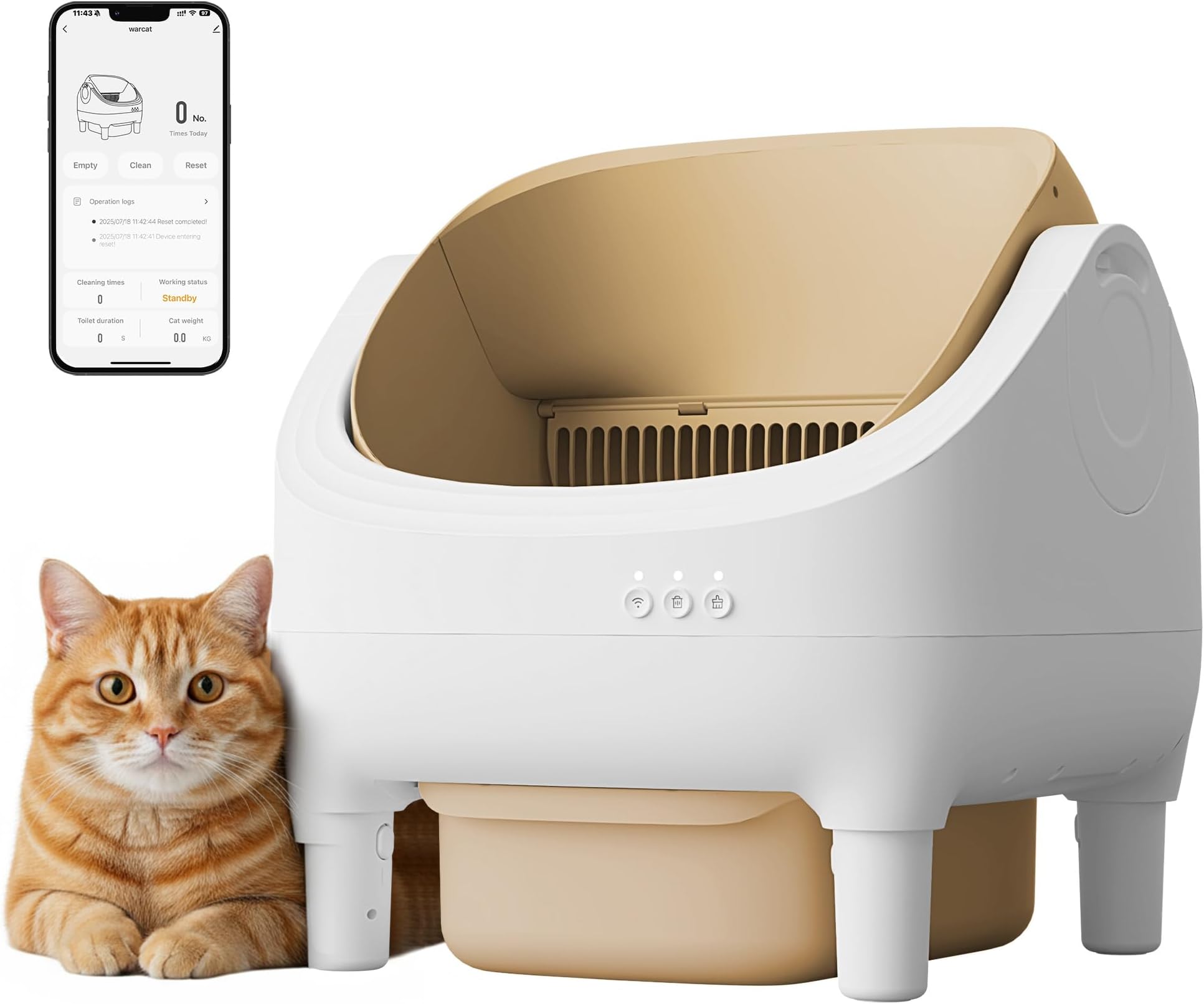 WARCAT Litter Box - Electric Automatic Self Cleaning Cat Litter Box, Open-Top Design, Easy Odor Control, Smart APP Control, 15L Large Waste Bin, Includes Trash Bags & Mat (Brown)