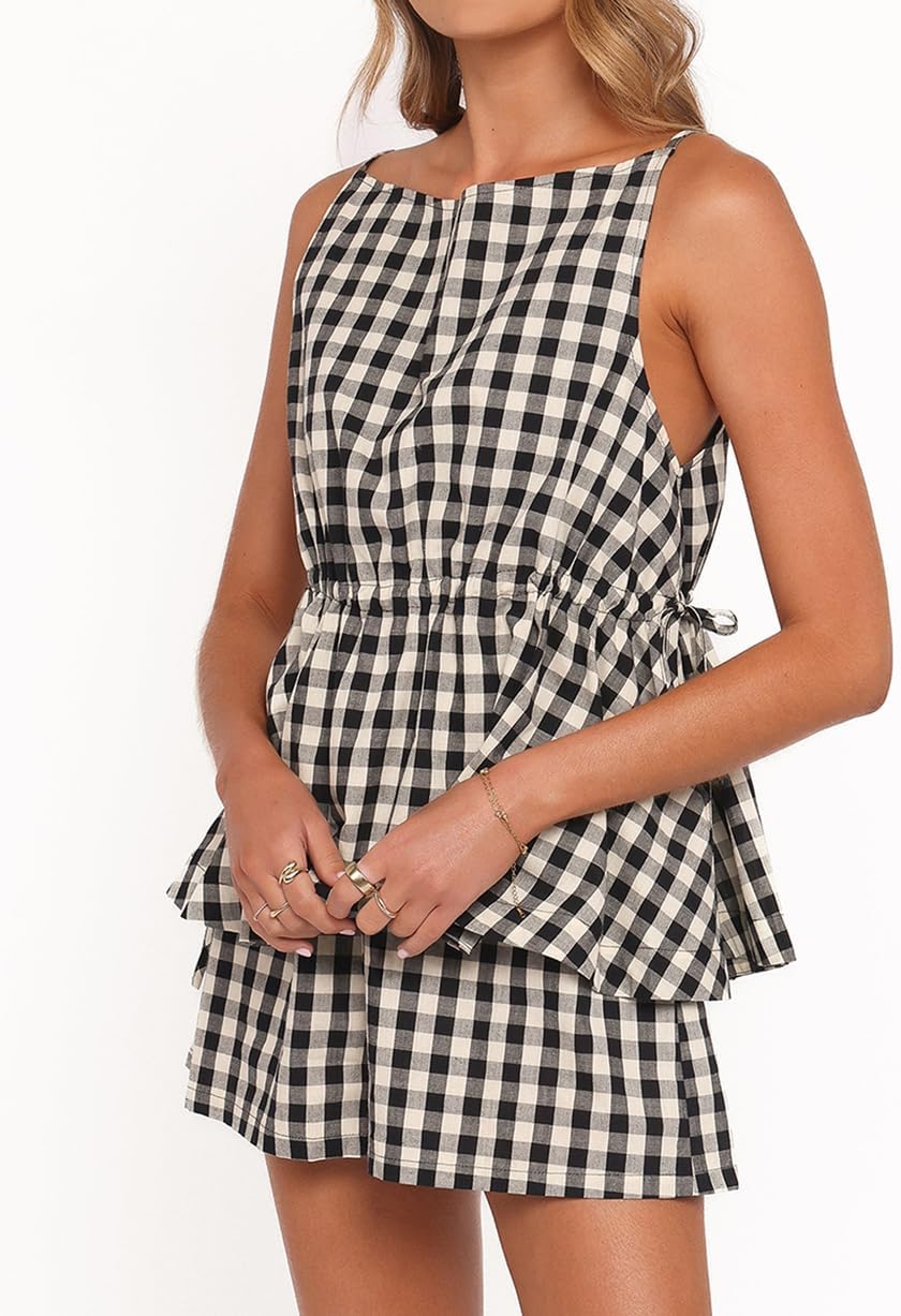 Women's Ginghams 2 Piece Outfits Sleeveless Plaid Drawstring Tie Top And Shorts Summer Beach Vacation Lounge Set