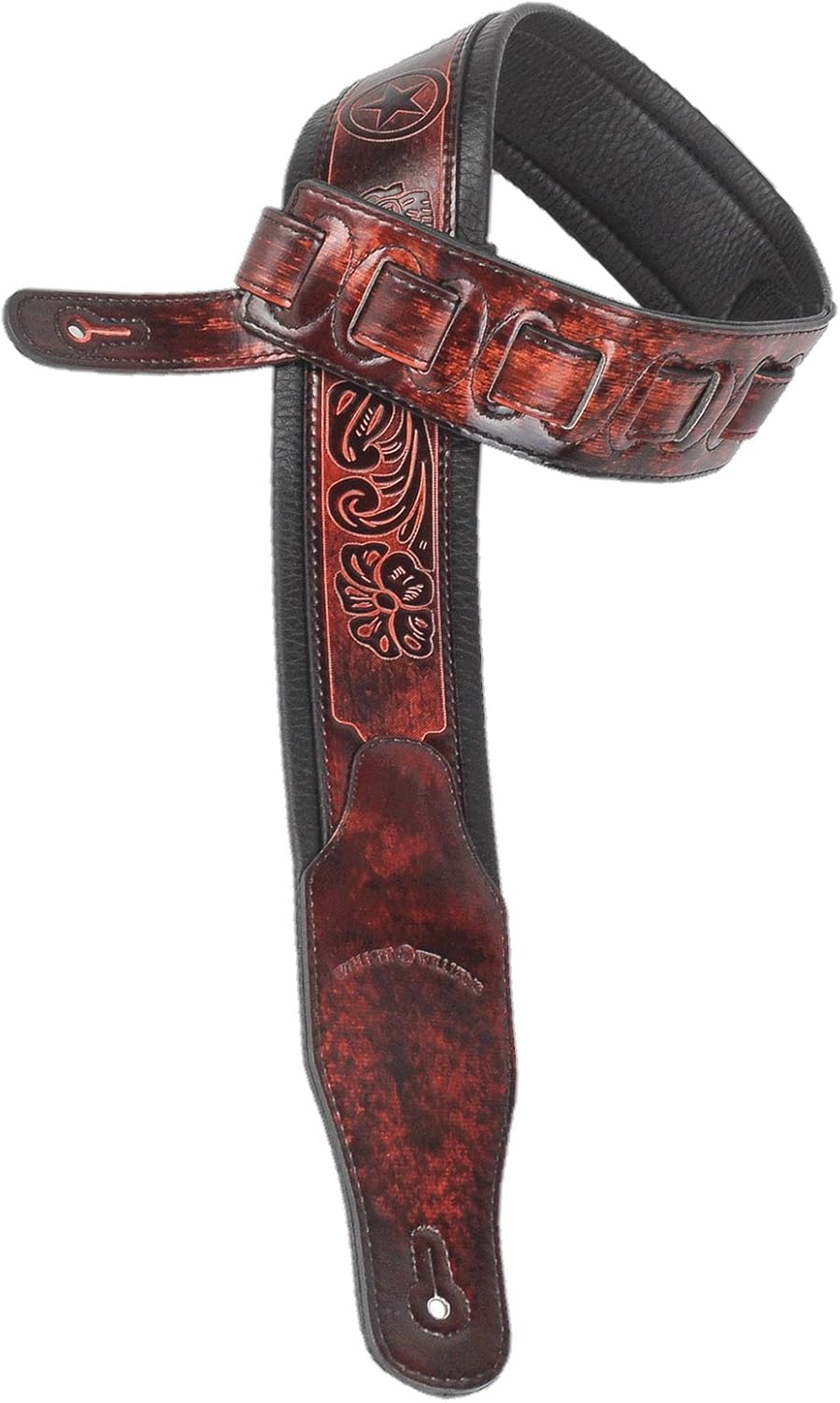 Walker & Williams GB-126 Bourbon Brown Padded Guitar Strap Texas Stars & Skulls