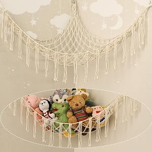 Stuffed Animal Hammock Corner Hand-knitted Large Plushie Net Toy Hammock with Wooden Rings Boho Cute Stuff Animal Storage