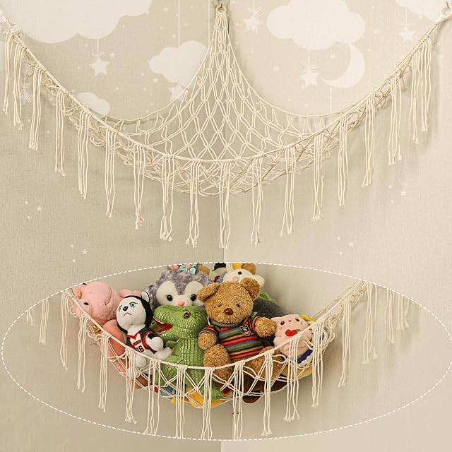 Stuffed Animal Hammock Corner Hand-knitted Large Plushie Net Toy Hammock with Wooden Rings Boho Cute Stuff Animal Storage