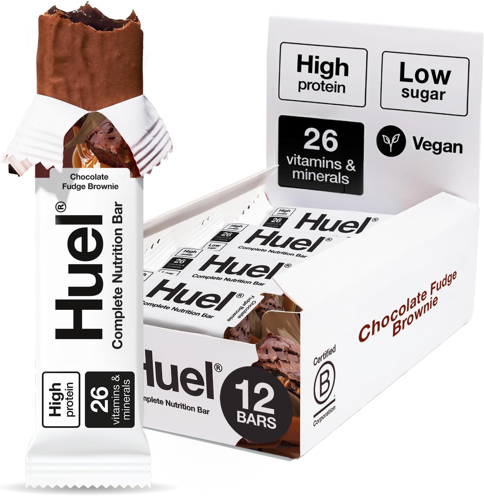 Complete Nutrition Bar, 12 x 51g Bars, Chocolate Fudge Brownie, High Protein Bar, Plant-Based Protein Bars, Low Sugar, High Fibre, High-Protein Snack with Vegan Chocolate, Under 200 Calories