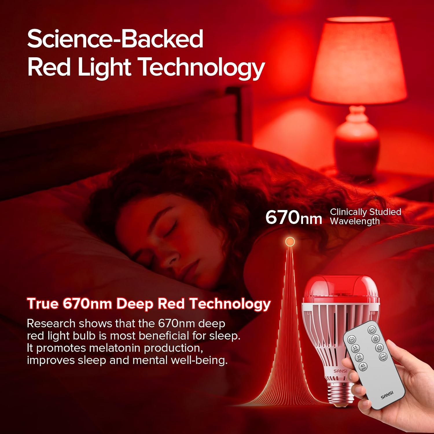 SANSI 670nm Red Light Bulb for Sleep Therapy with Remote Timer, Dimmable, Zero Blue Light for Melatonin Promoting, Dual Mode Natural Sleep Aid & 3000K Reading Light, 25W A21 E26 for Bedroom