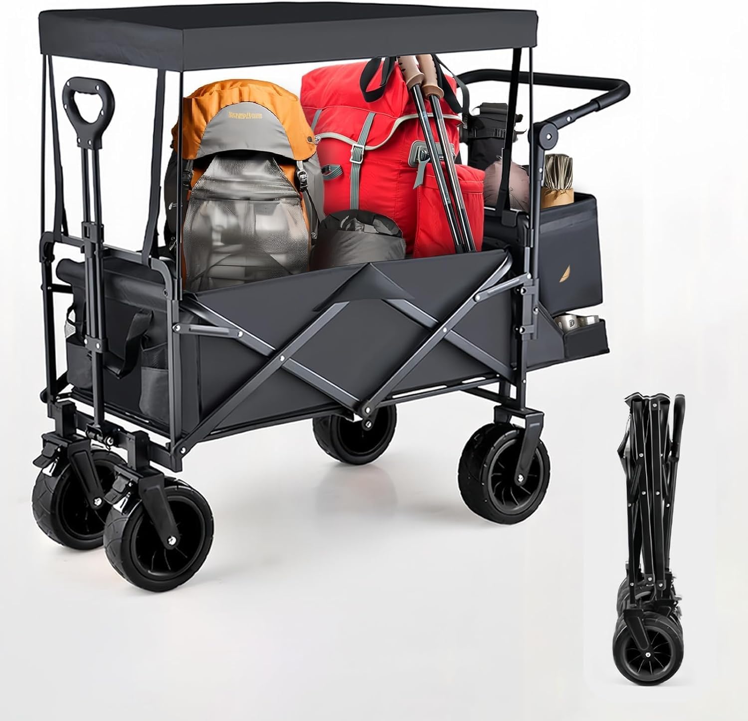 NODIBRO 屋根付き キャリーワゴン プッシュ・プル両用ハンドル 屋外キャンプ車両 折りたたみ式全地形ガーデン車両 伸縮式調整可能プルロッド 静音設計 180L大容量 225kg耐荷重 ワイドタイヤ キャンプ・花見・運動会 ファミリー 海 川 BBQ アウトドア用品 (ブラック)