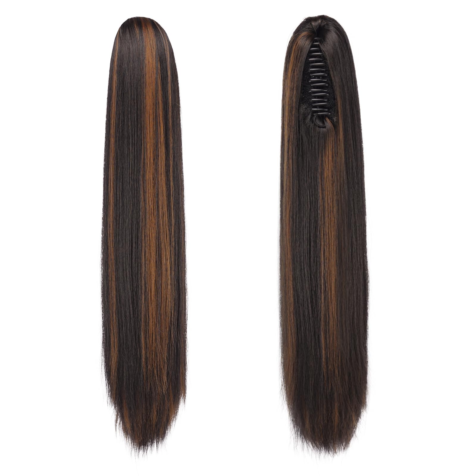 FESHFEN Queue de Cheval Lisse Pince - Postiche Cheveux Naturel Longue Raides Postiches Brun Foncé et Auburn Clair Synthétique Fausse Claw Clip Ponytail Extensions pour Femmes, 63 cm