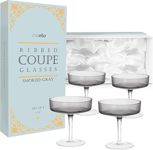 Crutello Juego de 4 copas de champán Coupé, color gris ahumado, vaso de cóctel vintage de 7 onzas, cristalería acanalada para champán, martini,