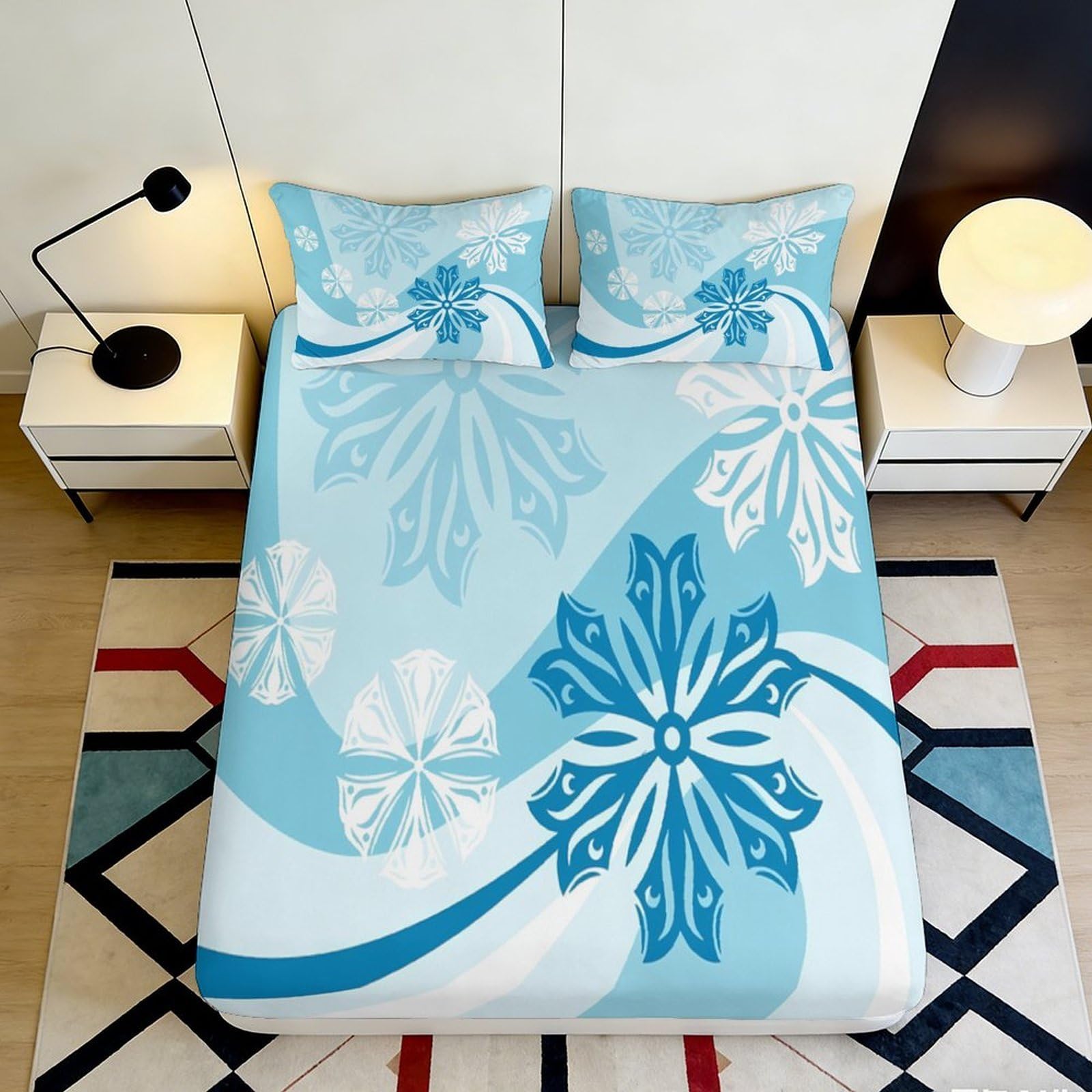 3D Printed Snowflake Fitted Sheet Microfiber Deep Pocket Soft Bedding Non-Slip Snowflake Mattress Fitted Cover Elastic Hem for Adults 200x200x25cm 90x200x25cm