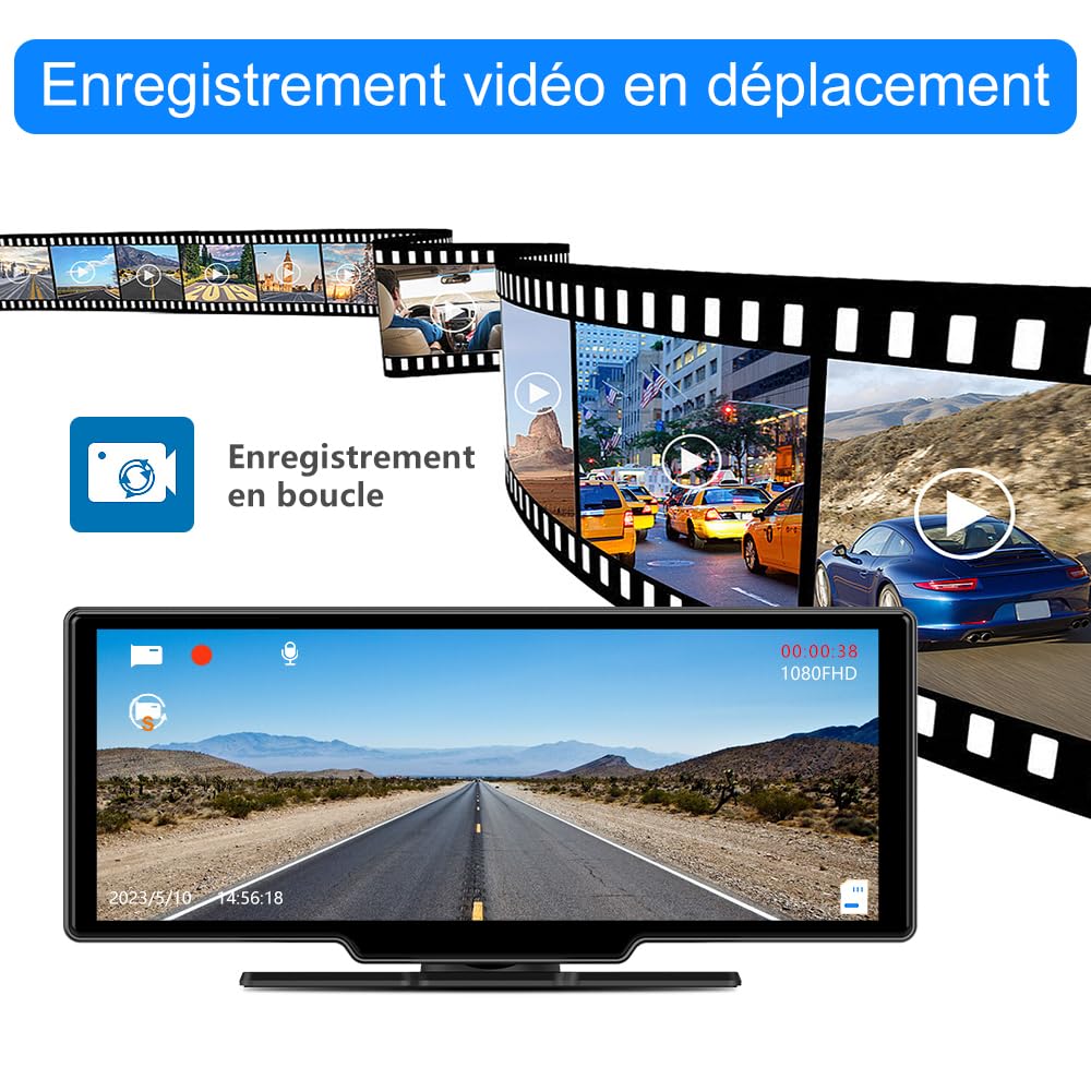 AWESAFE Écran Carplay Voiture & Android Auto,10,26” avec Dashcam Avant 4K, Caméra Arrière 1080P Inclus, Commande Vocale, BT/GPS/FM/AUX