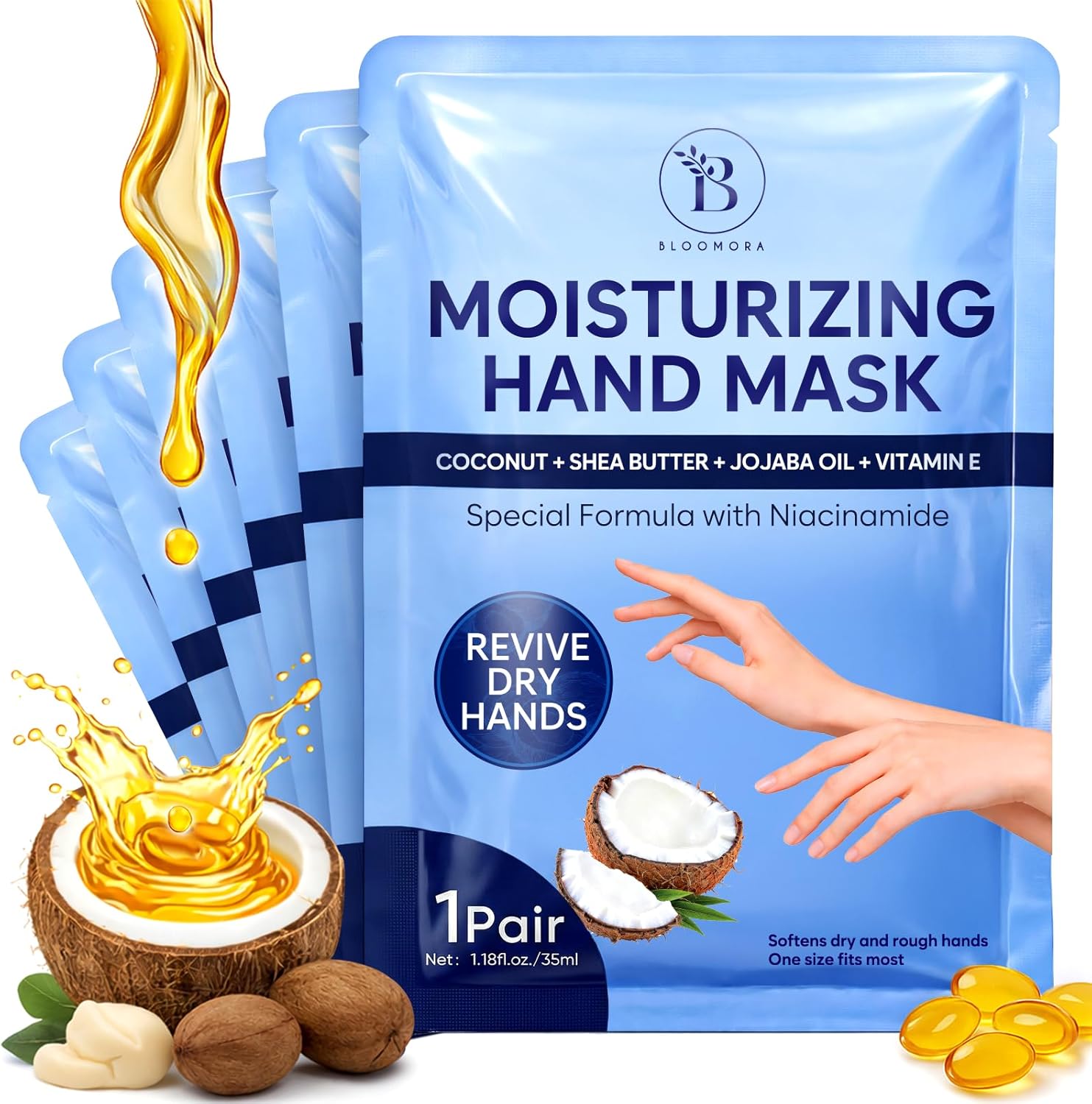 Repairing Hand Mask Gloves for Dry Cracked Hands, Hand Masks with Coconut, Shea Butter, Jojoba Oil & Vitamin E, Moisturizing Gloves, Skin Care Gifts for Women & Men, Self Care Gifts for Women(6 Pairs)
