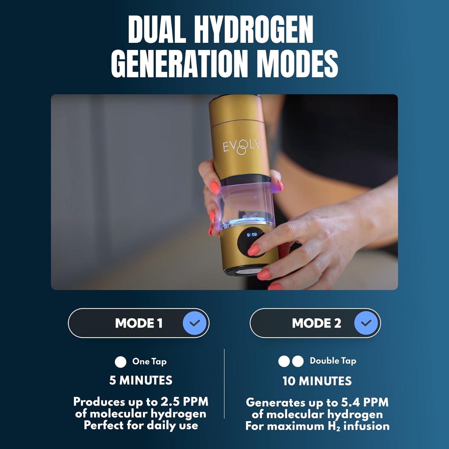 EVOLV Hydrogen Water Bottle Generator – SPE & PEM Water Ionizer 5.4PPM, Highest H2 Concentration – Portable 8oz Hydrogenated Water Bottle – Leak-Proof Hydrogen Water Machine, Easy to Use – Champagne - Image 6