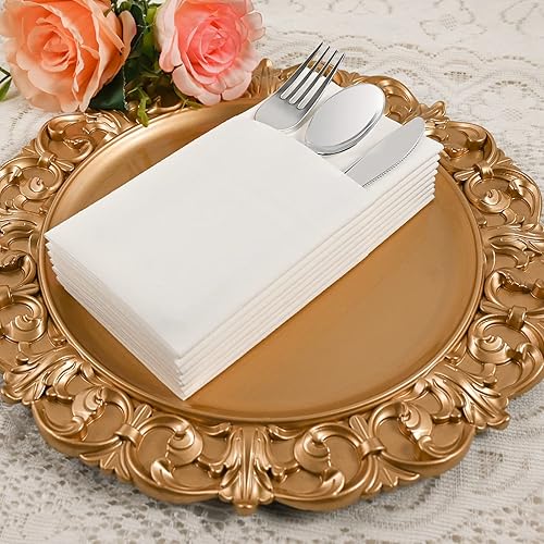 Miniatura 5 de Servilletas desechables color crema, paquete de 50 servilletas de papel de tacto de lino con bolsillo integrado para cubiertos, tela preplegada como