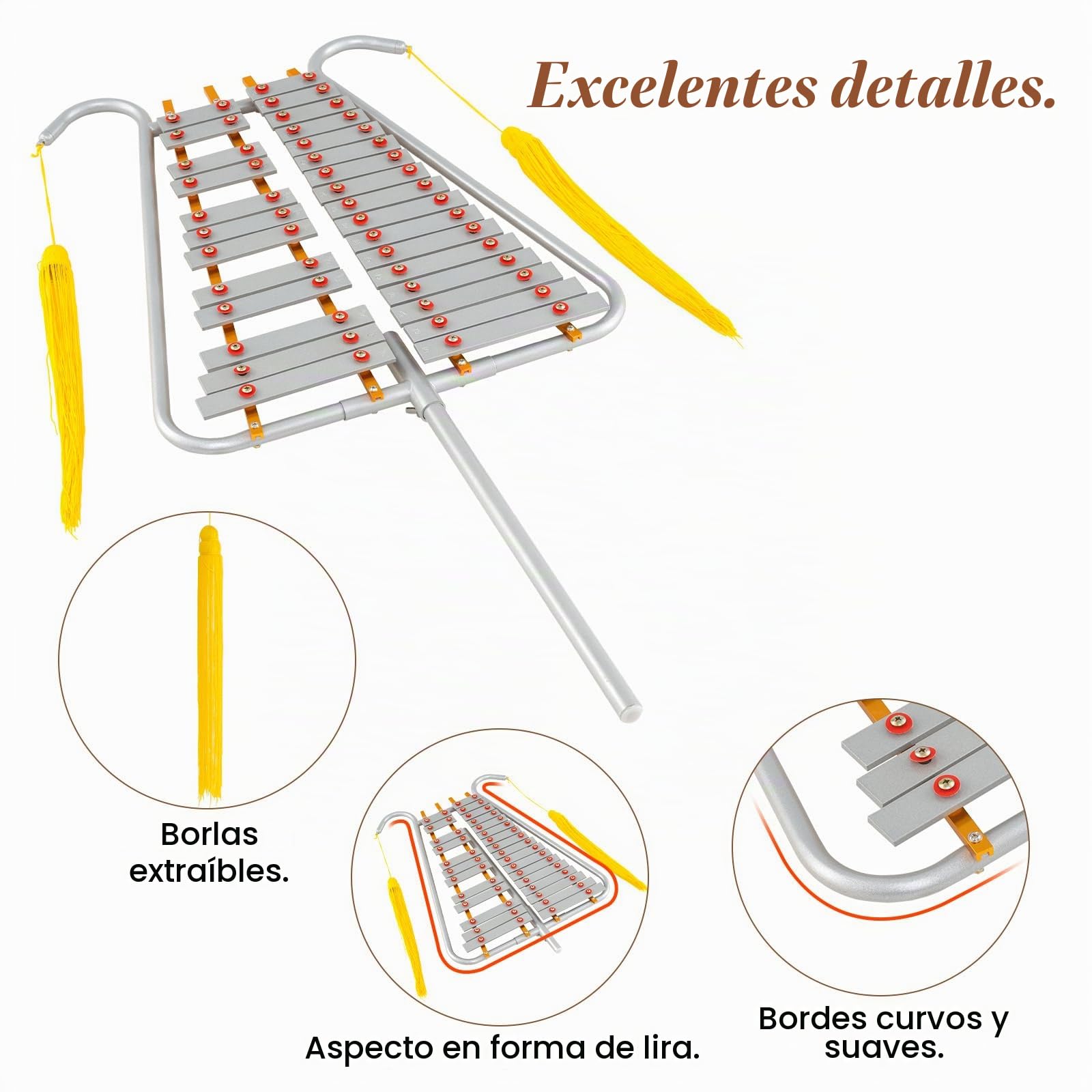 KOMFOTTEU Xilófono de Marcha de 29 Notas, Carillón de Aluminio con Mango Ajustable, Instrumento de Percusión con 2 Mazos y Cinturón, Glockenspiel Musical para Principiantes y Profesionales