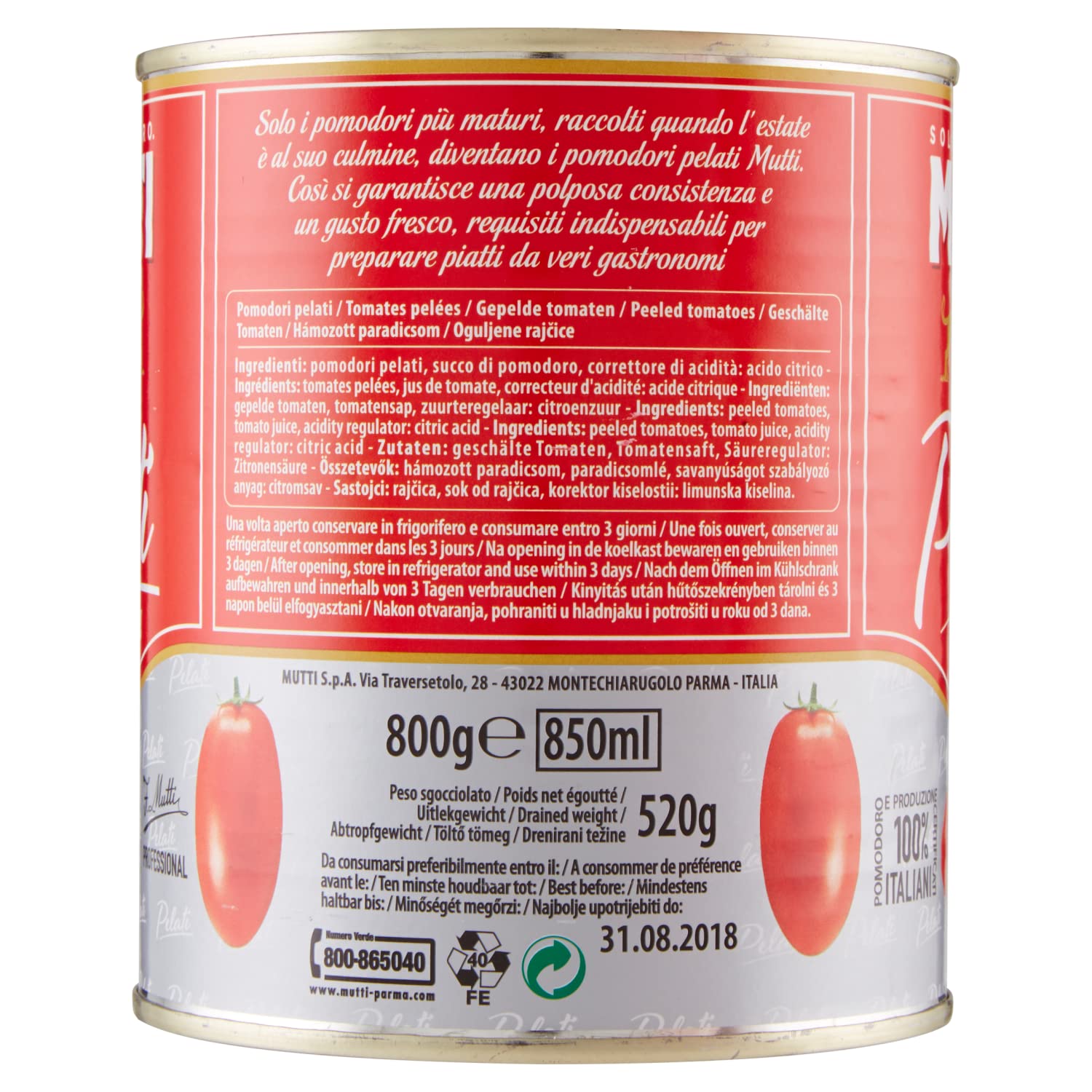 Mutti Pomodori Pelati - Pelador de ciruela (100% italiano, 12 x 800 g)