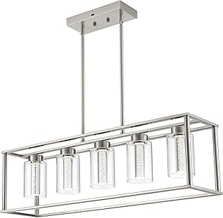 LED Linear Chandeliers Farmhouse Rectangle Pendant 5 Light with Clear Glass and Crystal Bulb,Black Modern Dining Room Lighting Industrial Kitchen Island Foyer Light Fixture Hanging