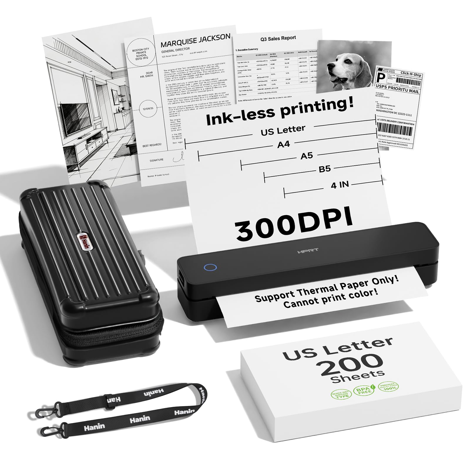 HPRT 300DPI Portable Thermal Inkless Printer &amp; 200 Sheets &amp; Case Kit Black